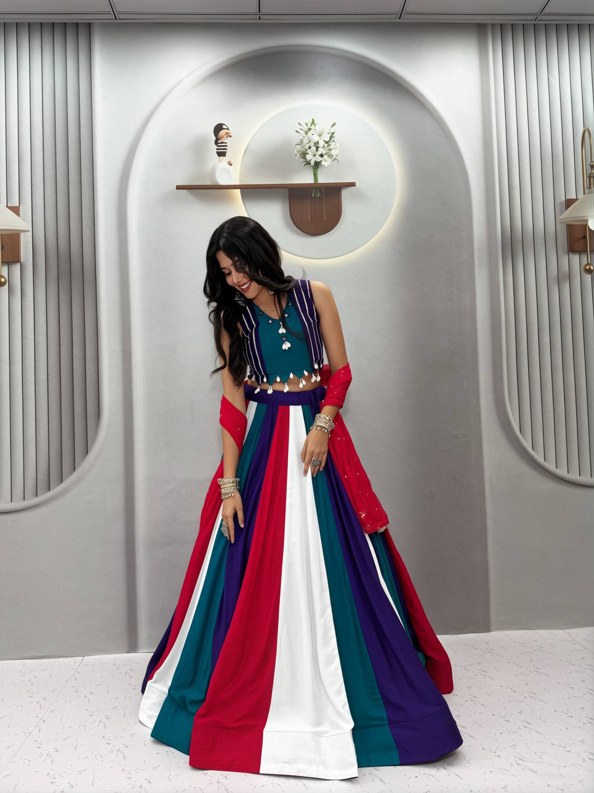 Multicolor Pure Cotton Kali Lehenga Choli Set with Pink Najmin Dupatta