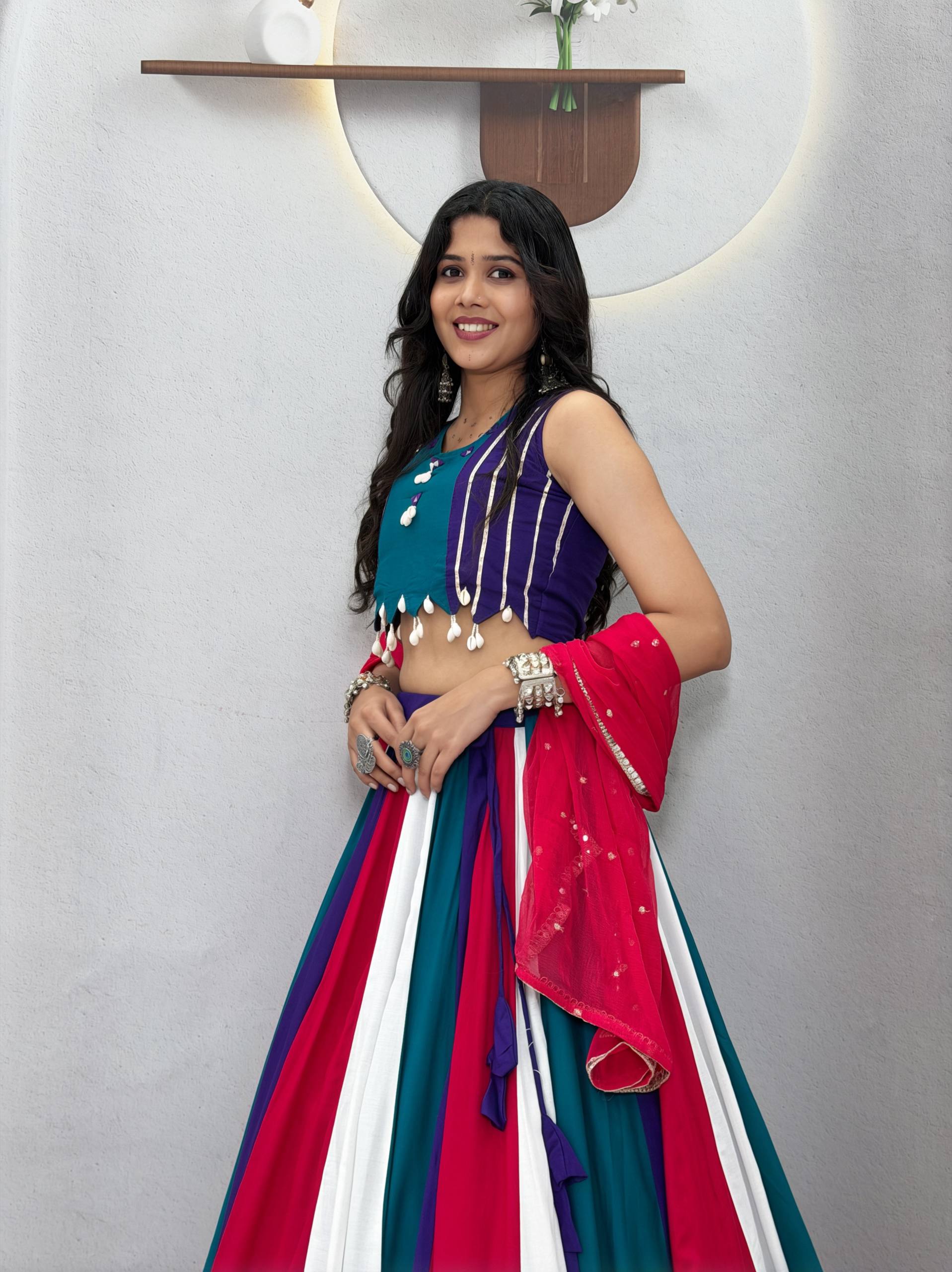 Multicolor Pure Cotton Kali Lehenga Choli Set with Pink Najmin Dupatta
