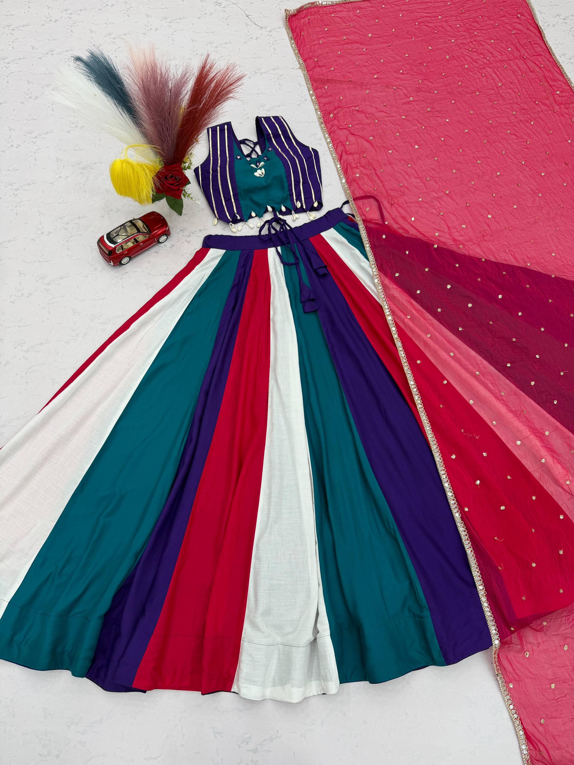 Multicolor Pure Cotton Kali Lehenga Choli Set with Pink Najmin Dupatta