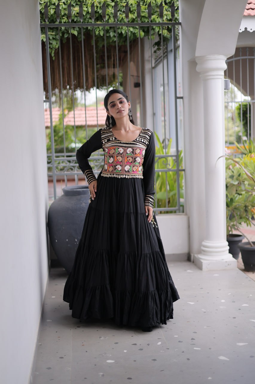 Black Kutchi Mirror Work Navratri Gown – 12 Meter Flair Rayon Garba Dress