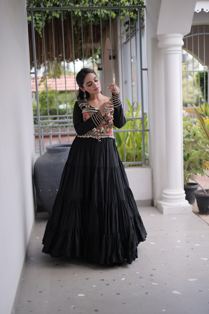 Black Kutchi Mirror Work Navratri Gown – 12 Meter Flair Rayon Garba Dress