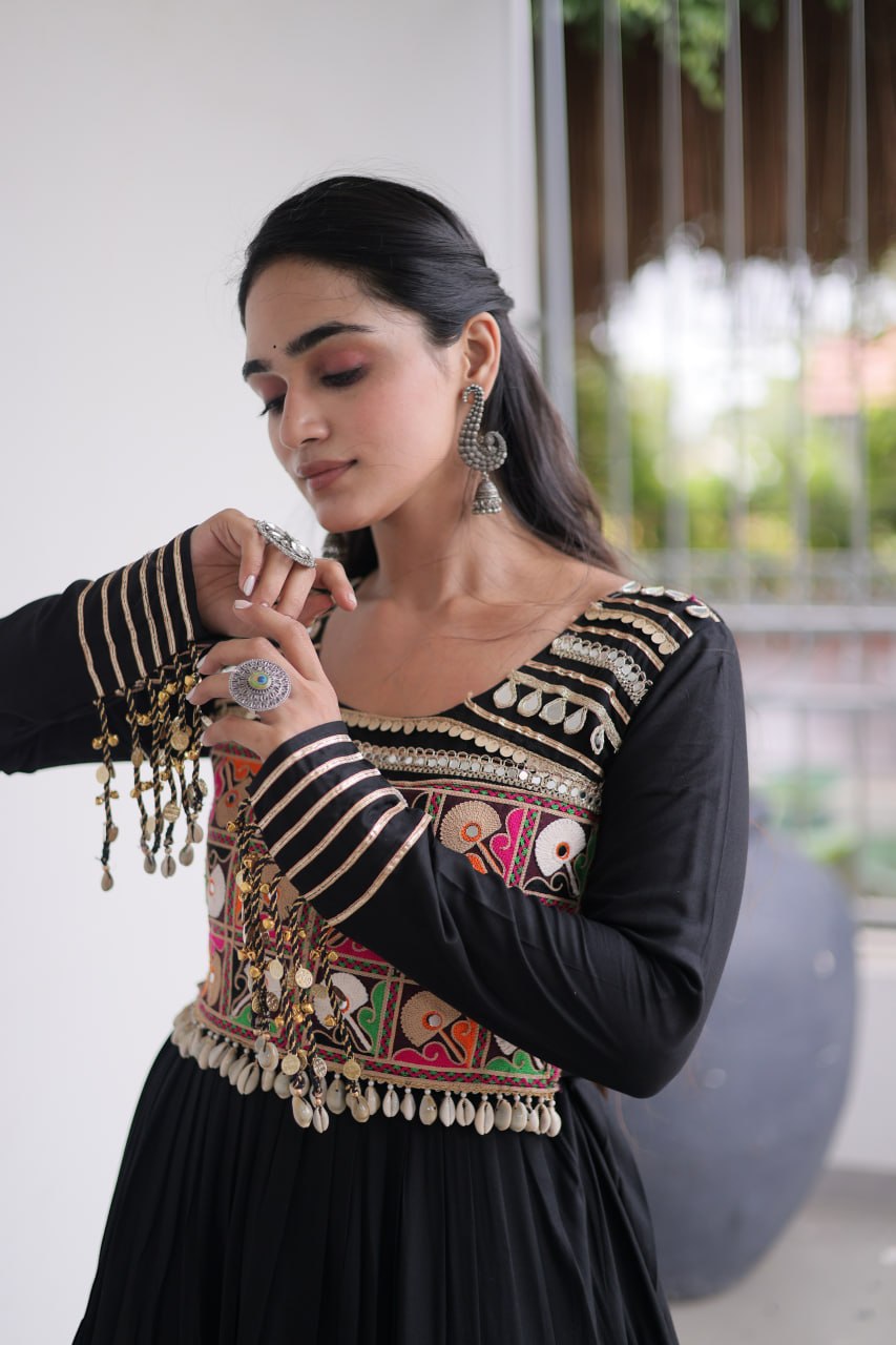 Black Kutchi Mirror Work Navratri Gown – 12 Meter Flair Rayon Garba Dress