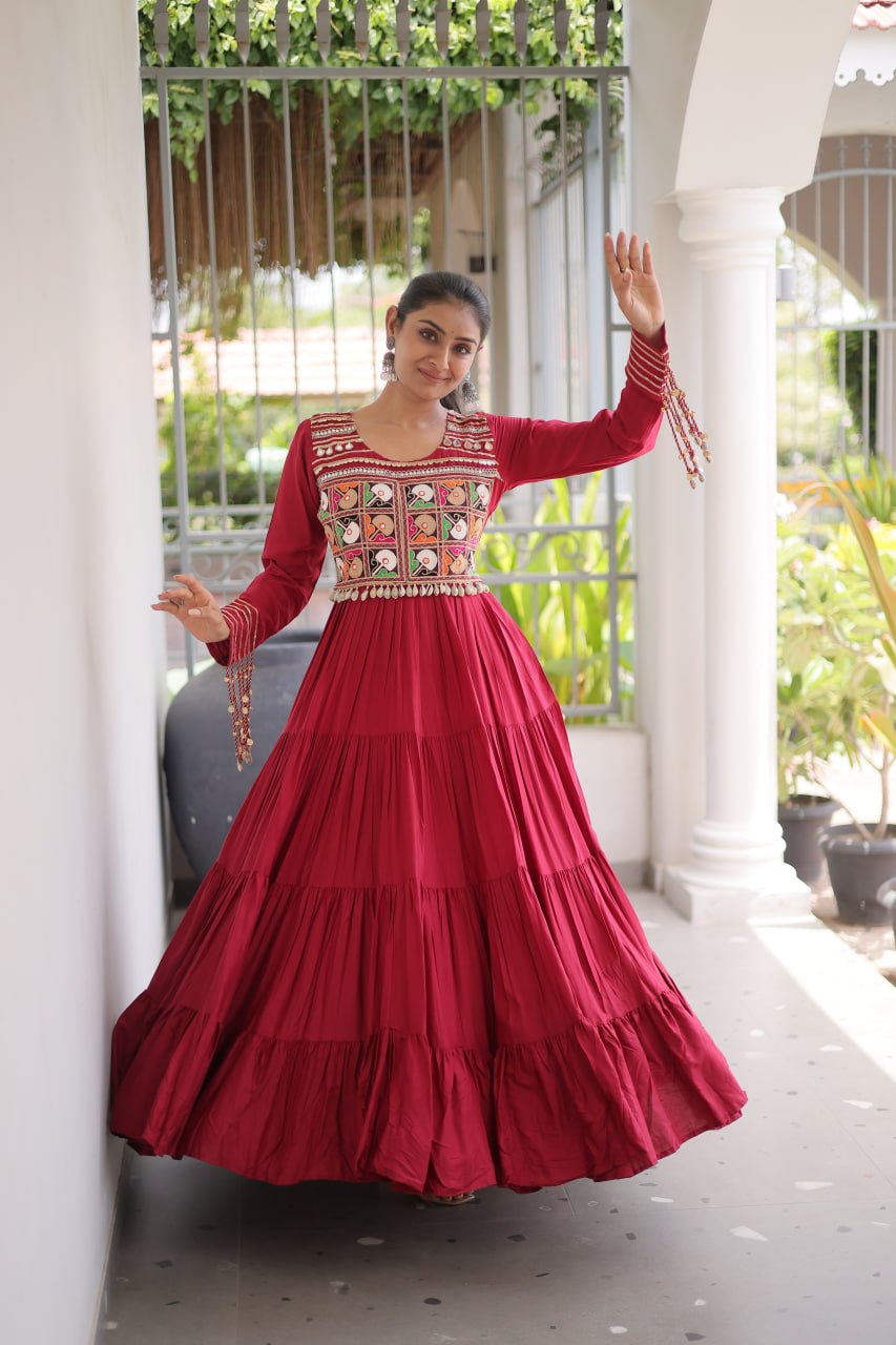 Maroon Kutchi Gamthi Embroidered Navratri Gown with Mirror Work