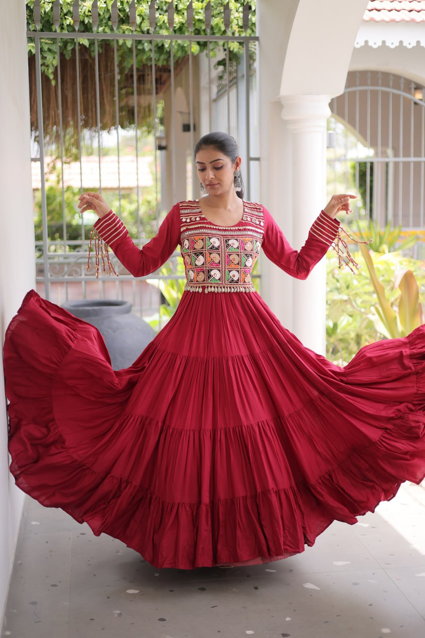 Maroon Kutchi Gamthi Embroidered Navratri Gown with Mirror Work