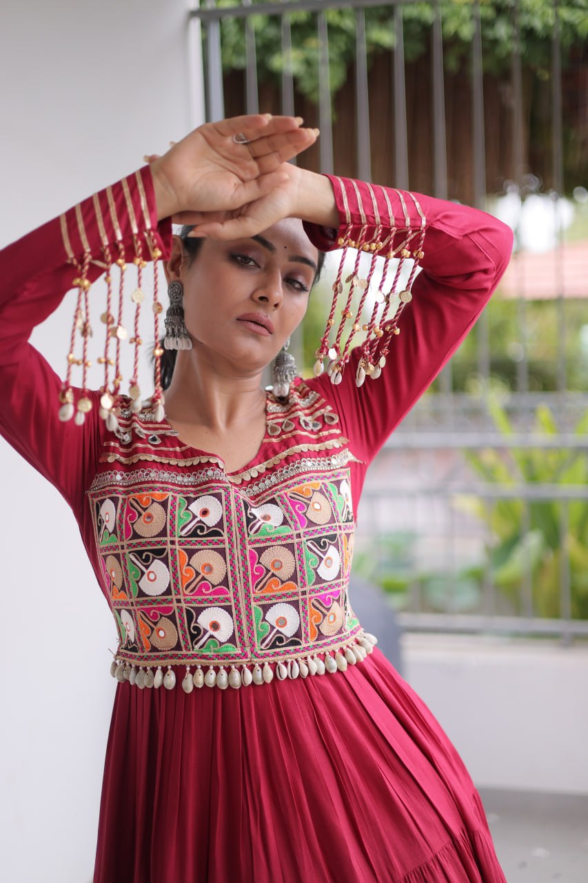 Maroon Kutchi Gamthi Embroidered Navratri Gown with Mirror Work