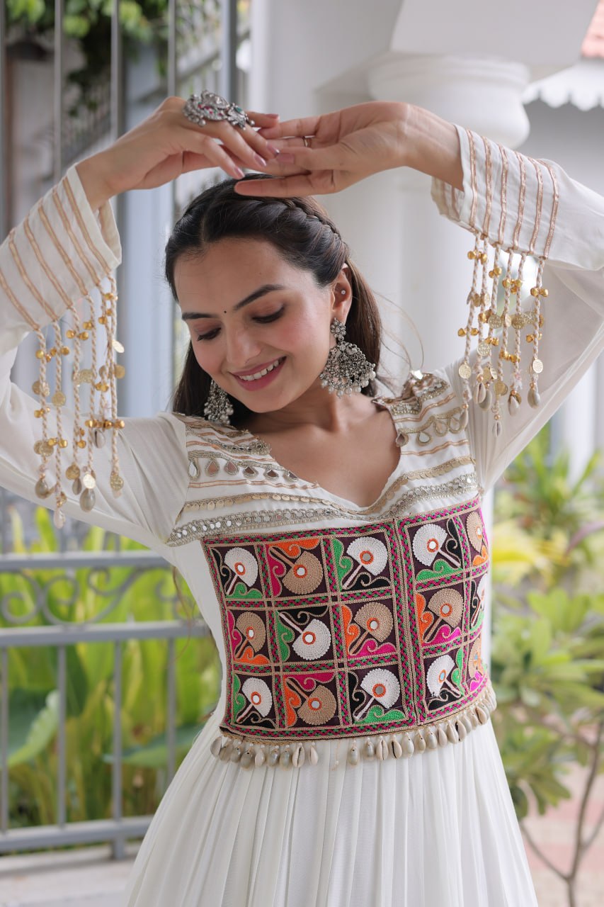 Ivory White Kutchi Gamthi Embroidered Navratri Gown