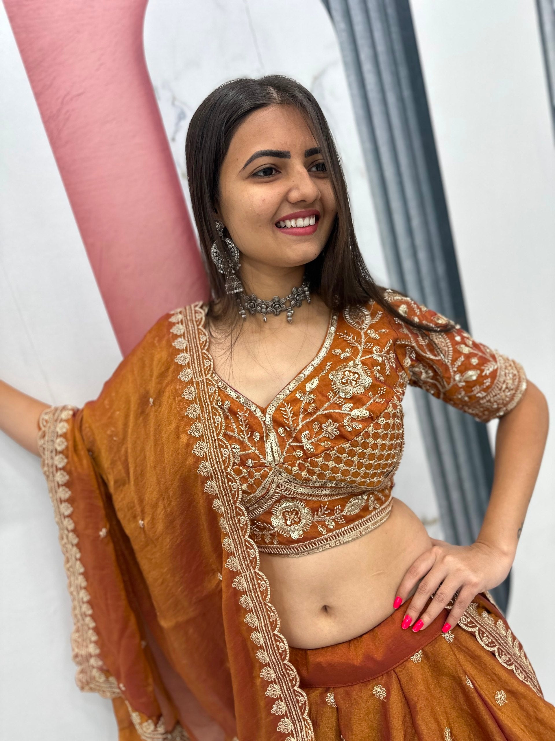 Rust Copper Mosh Embroidered Sequin Lehenga Choli Set with Dupatta
