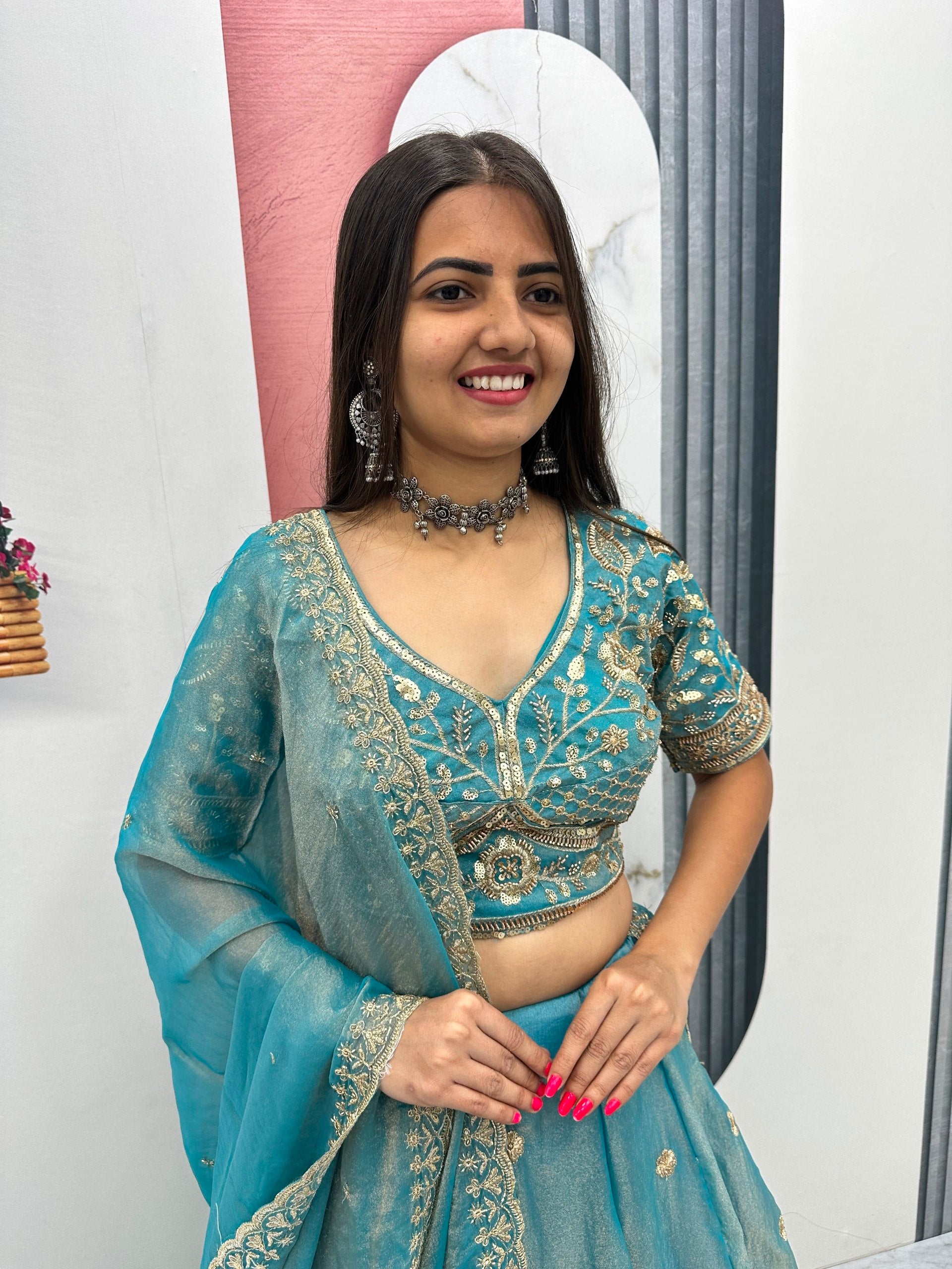 Teal Blue Mosh Embroidered Sequin Lehenga Choli Set with Dupatta