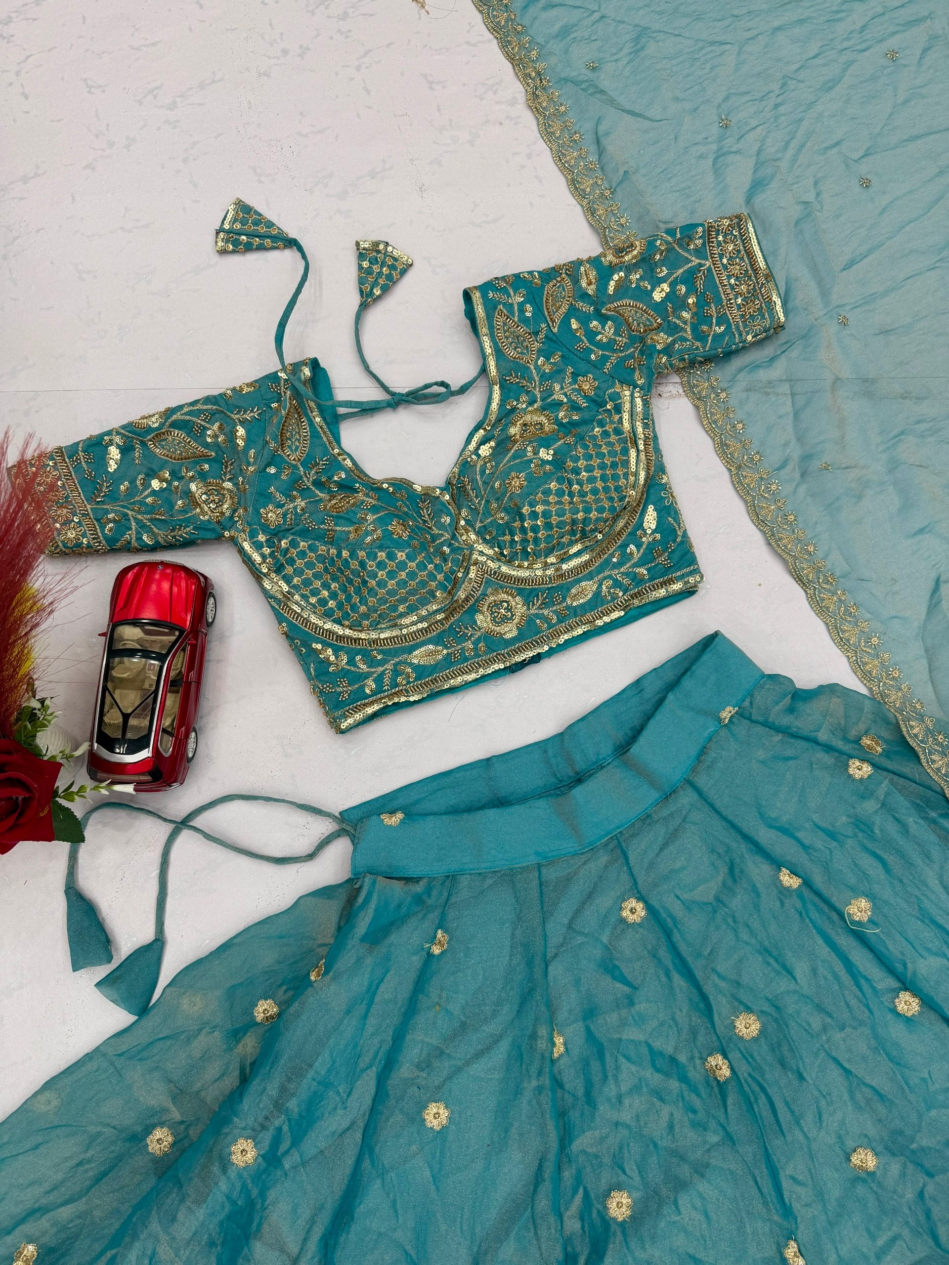 Teal Blue Mosh Embroidered Sequin Lehenga Choli Set with Dupatta