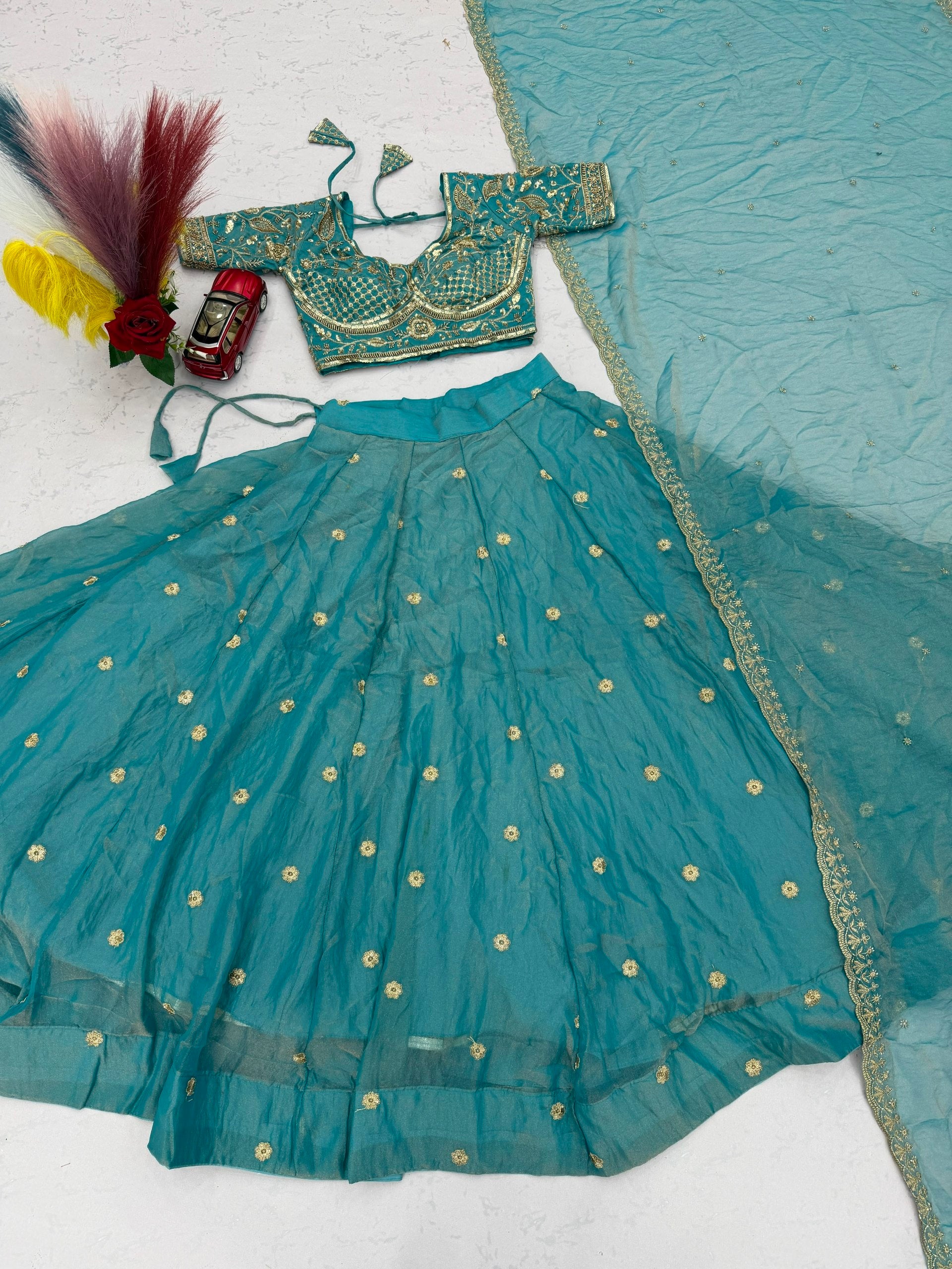 Teal Blue Mosh Embroidered Sequin Lehenga Choli Set with Dupatta