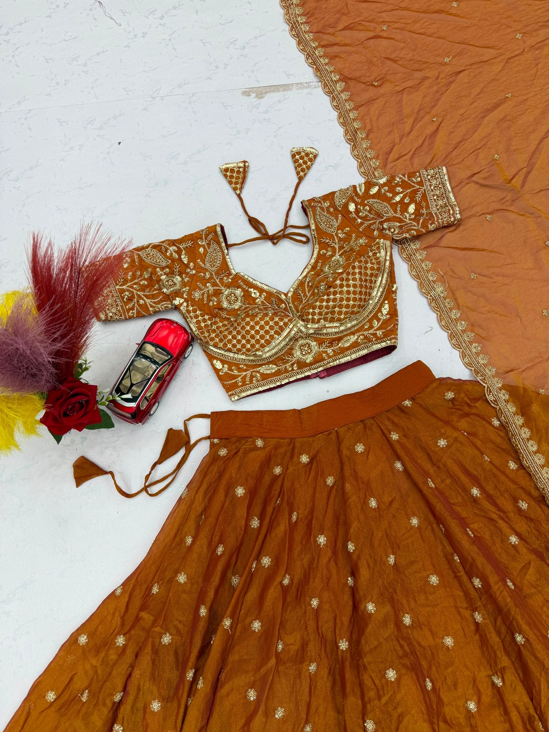 Rust Copper Mosh Embroidered Sequin Lehenga Choli Set with Dupatta