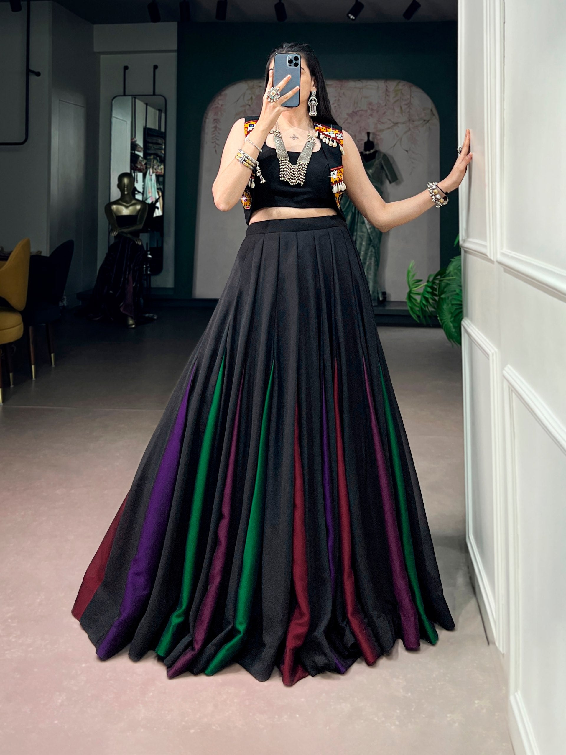 Midnight Black Navratri Lehenga Choli with Multicolor Gamthi Koti | 9 Meter Flair