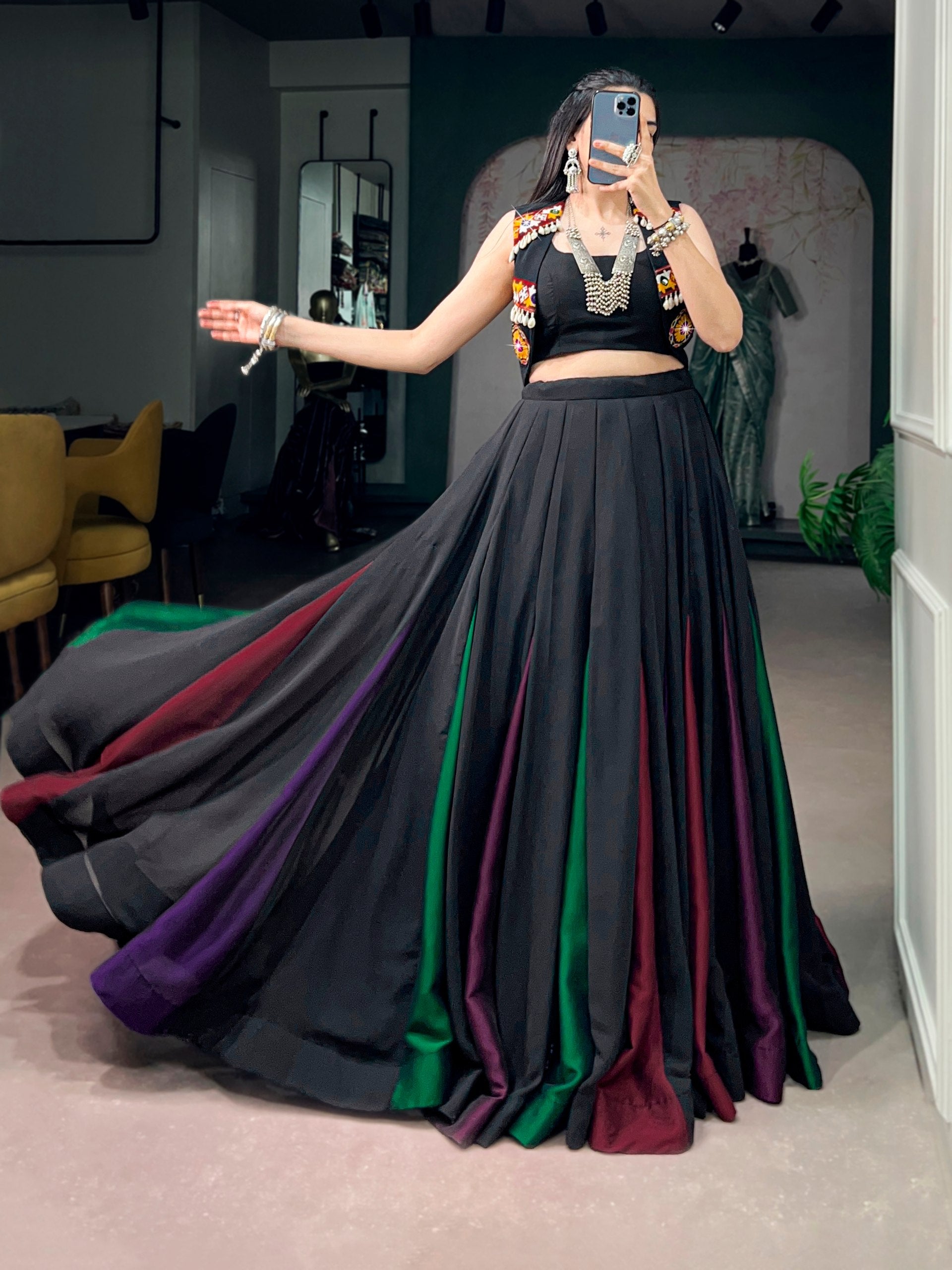 Midnight Black Navratri Lehenga Choli with Multicolor Gamthi Koti | 9 Meter Flair