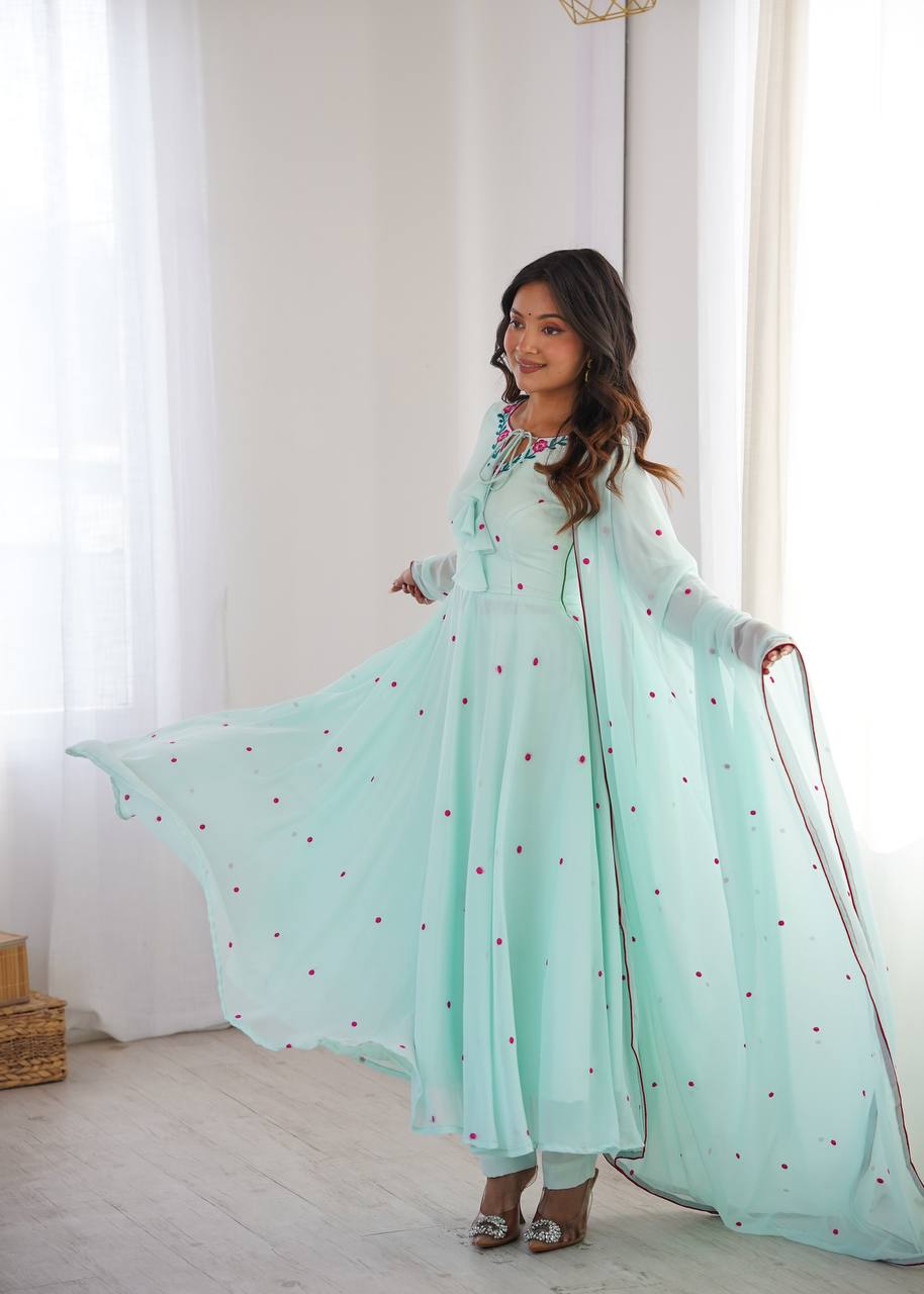 Mint Green Faux Georgette Embroidered Anarkali Suit Set with Dupatta