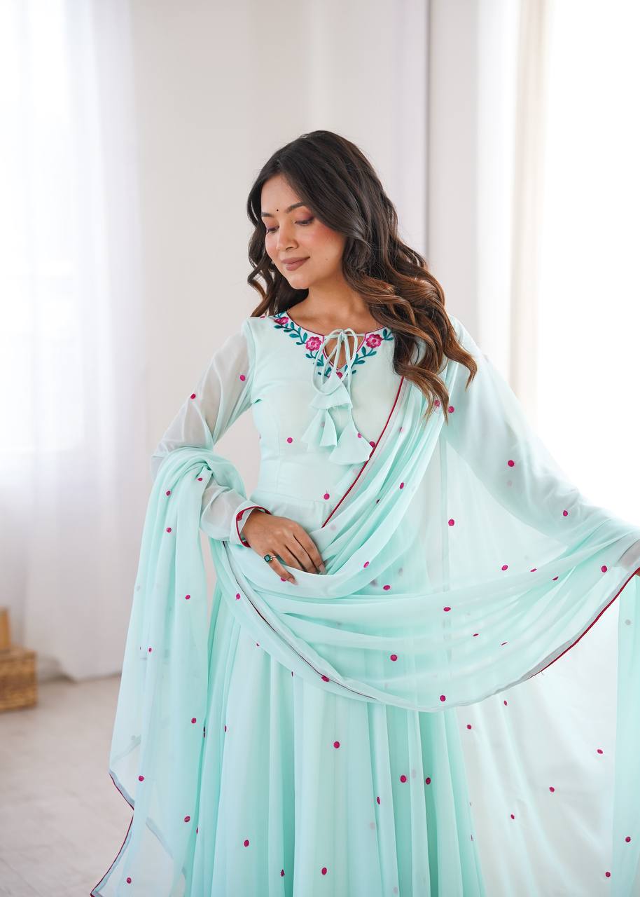 Mint Green Faux Georgette Embroidered Anarkali Suit Set with Dupatta