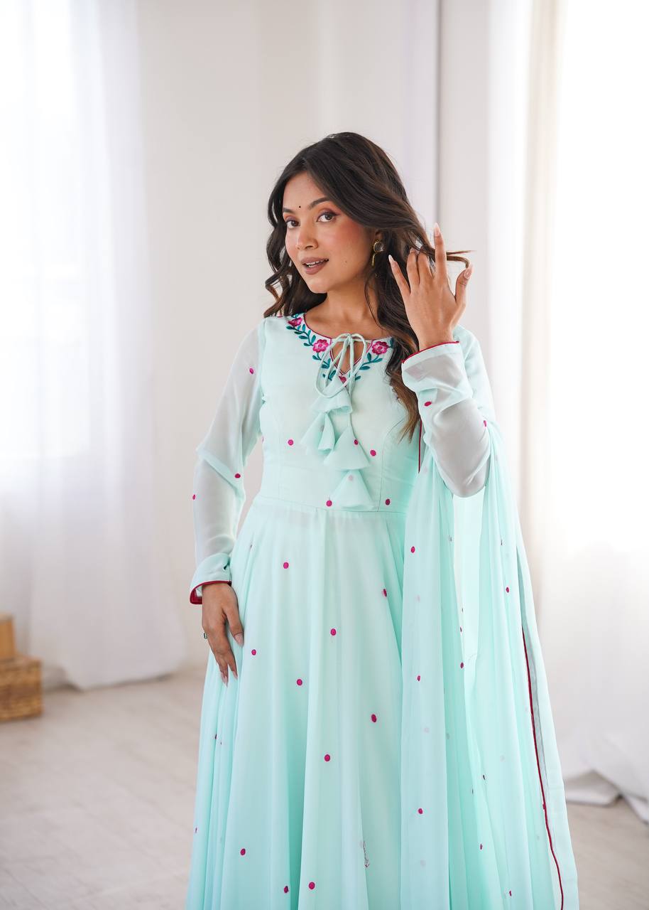 Mint Green Faux Georgette Embroidered Anarkali Suit Set with Dupatta