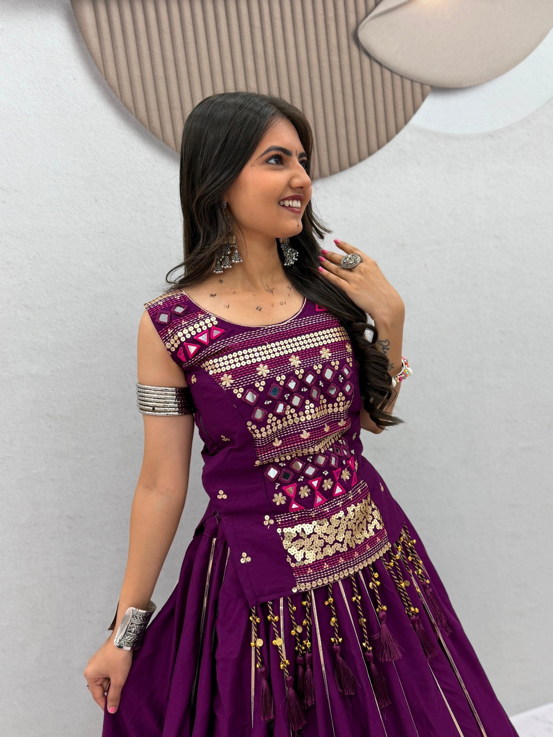Royal Purple Navratri Mirror Work Pure Cotton Lehenga Choli for Women