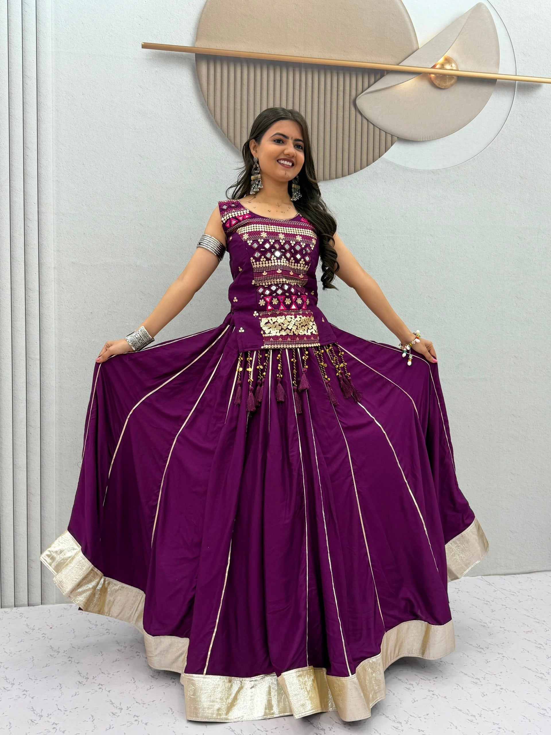 Royal Purple Navratri Mirror Work Pure Cotton Lehenga Choli for Women