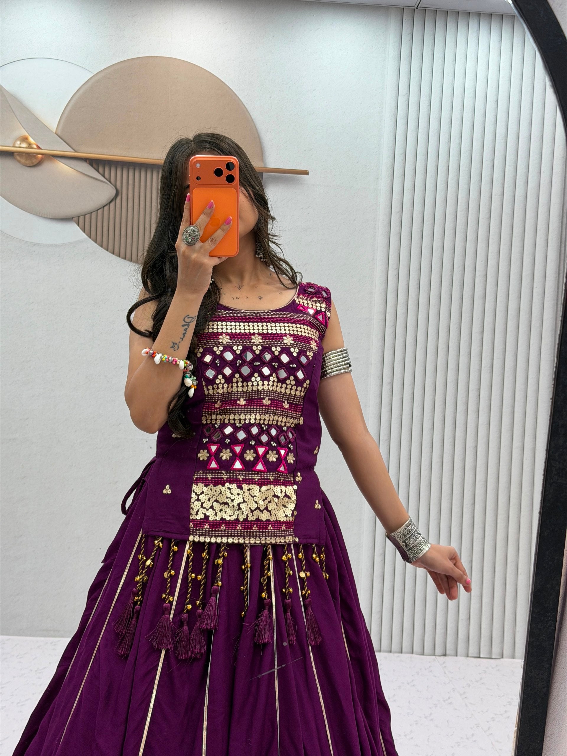 Royal Purple Navratri Mirror Work Pure Cotton Lehenga Choli for Women