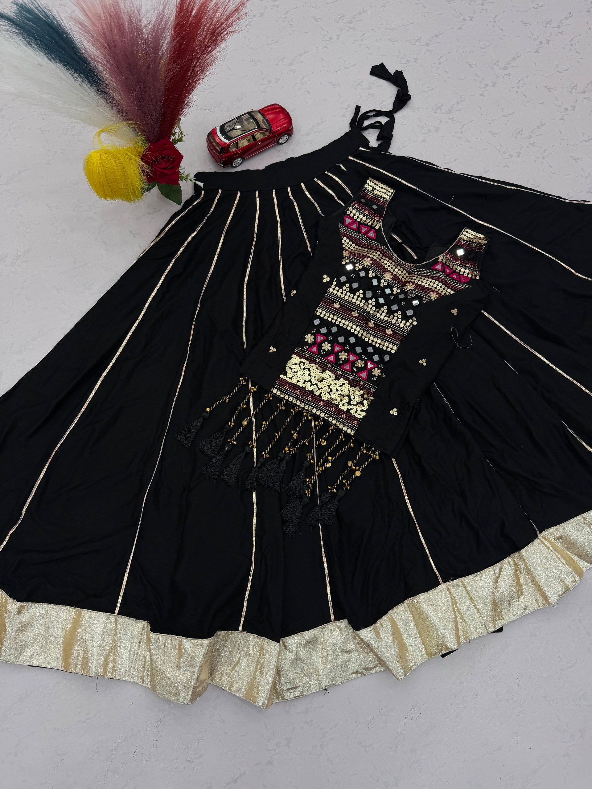 Black Navratri Mirror Work Pure Cotton Lehenga Choli for Women