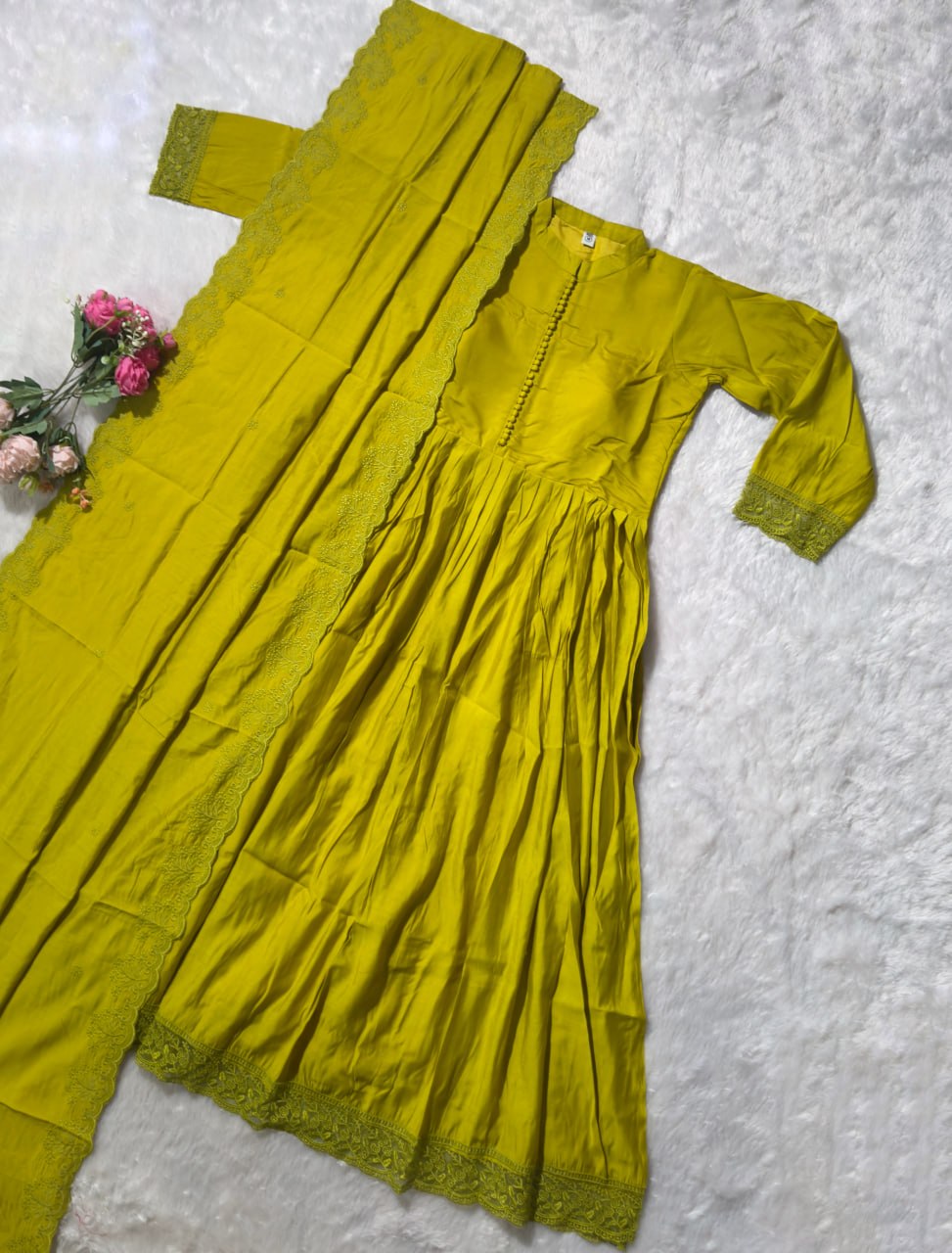 Lyril Green Roman Silk Anarkali Suit Set with Embroidered Dupatta & Pant