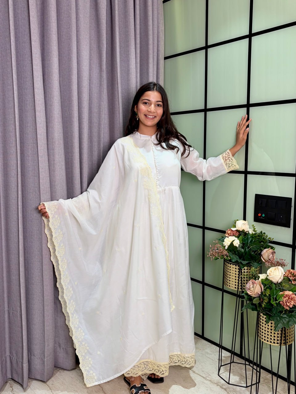 White Roman Silk Anarkali Suit Set with Embroidered Dupatta & Pant