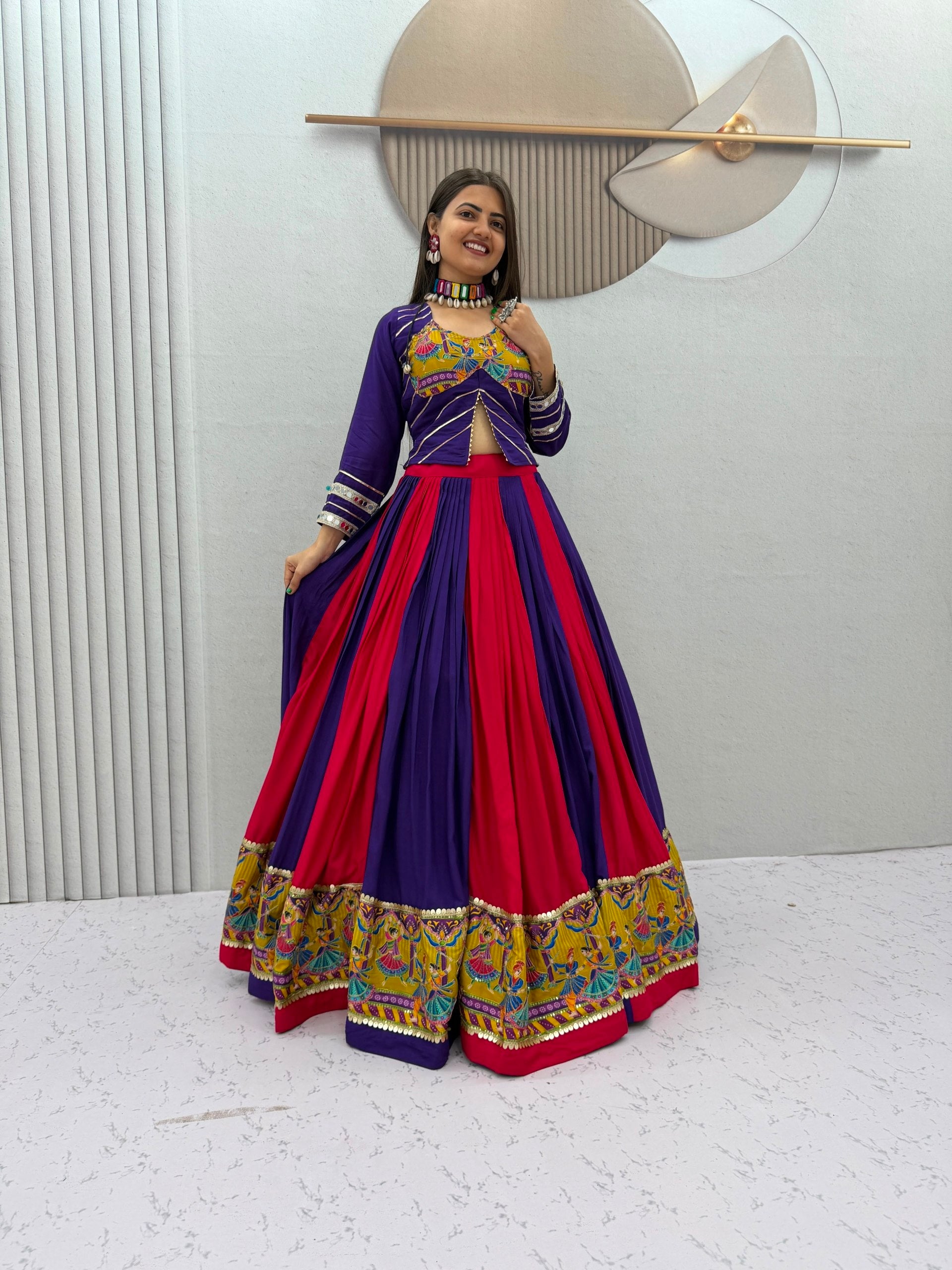 Royal Purple & Rani Pink Navratri Real Mirror Work Rayon Cotton Lehenga Choli