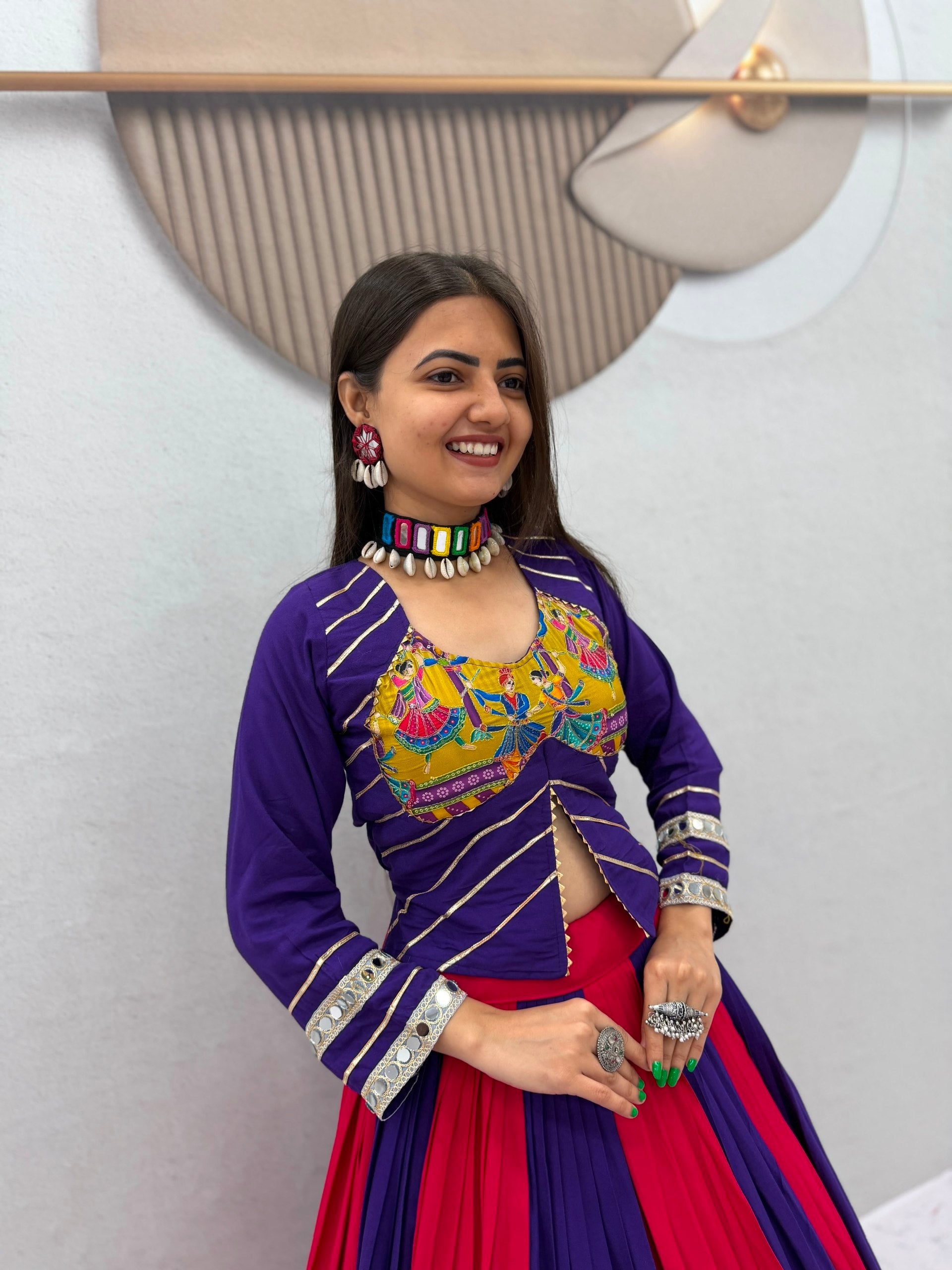 Royal Purple & Rani Pink Navratri Real Mirror Work Rayon Cotton Lehenga Choli