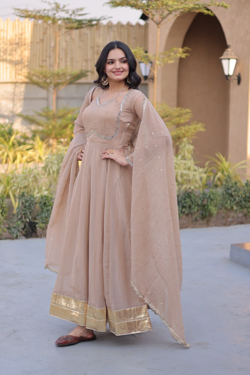 Champagne Beige Silver Crunchy Gown with Designer Dupatta