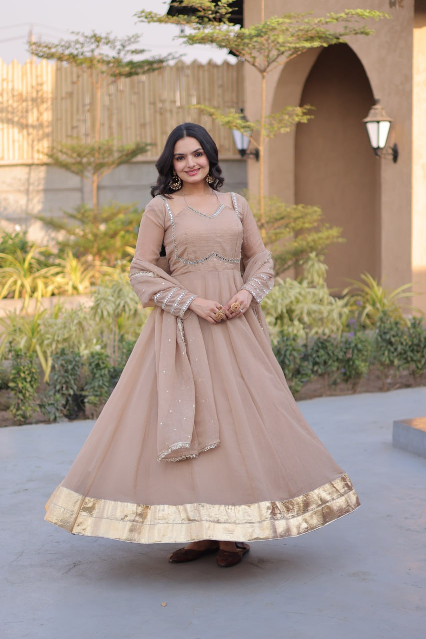 Champagne Beige Silver Crunchy Gown with Designer Dupatta