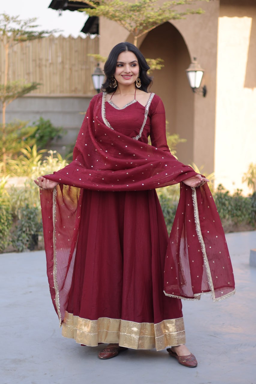 Wine Maroon Silver Crunchy Gown with Designer Dupatta