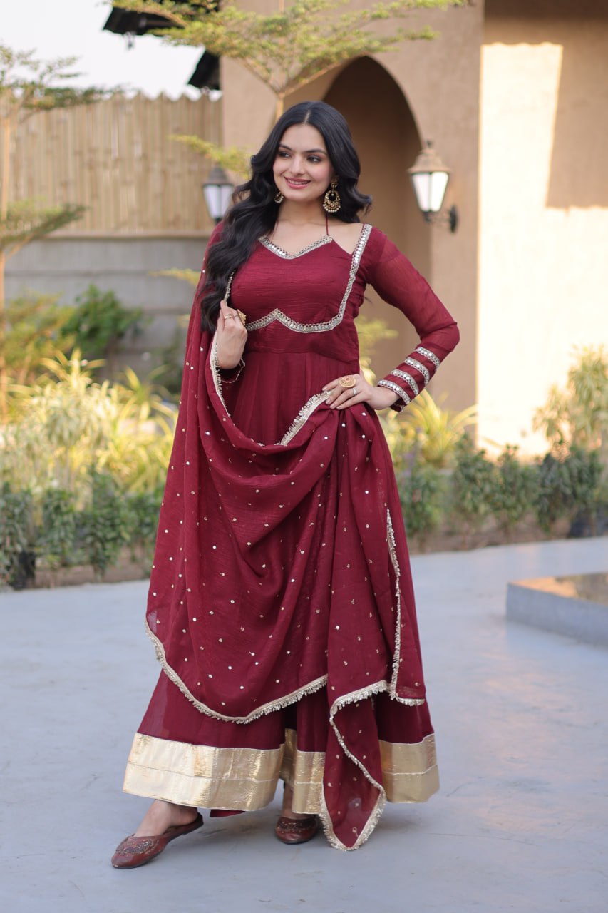 Wine Maroon Silver Crunchy Gown with Designer Dupatta