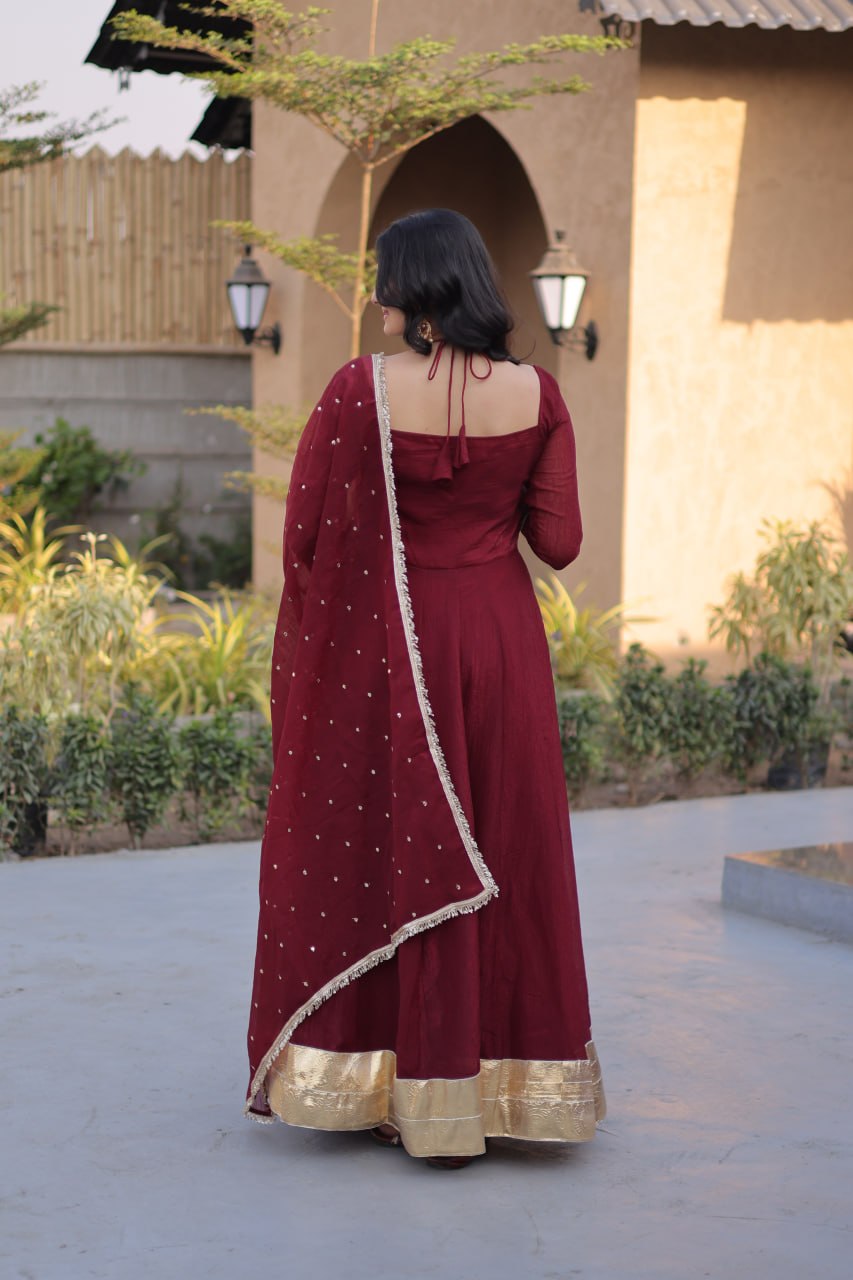 Wine Maroon Silver Crunchy Gown with Designer Dupatta