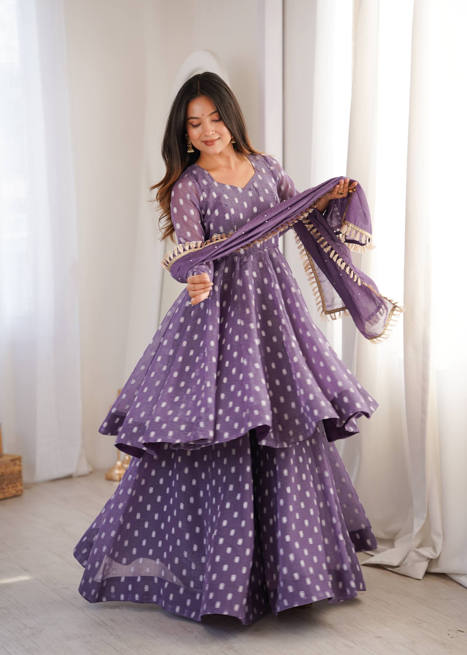 Purple Jacquard Butti Sharara Palazzo Suit Set with Lace Border Dupatta