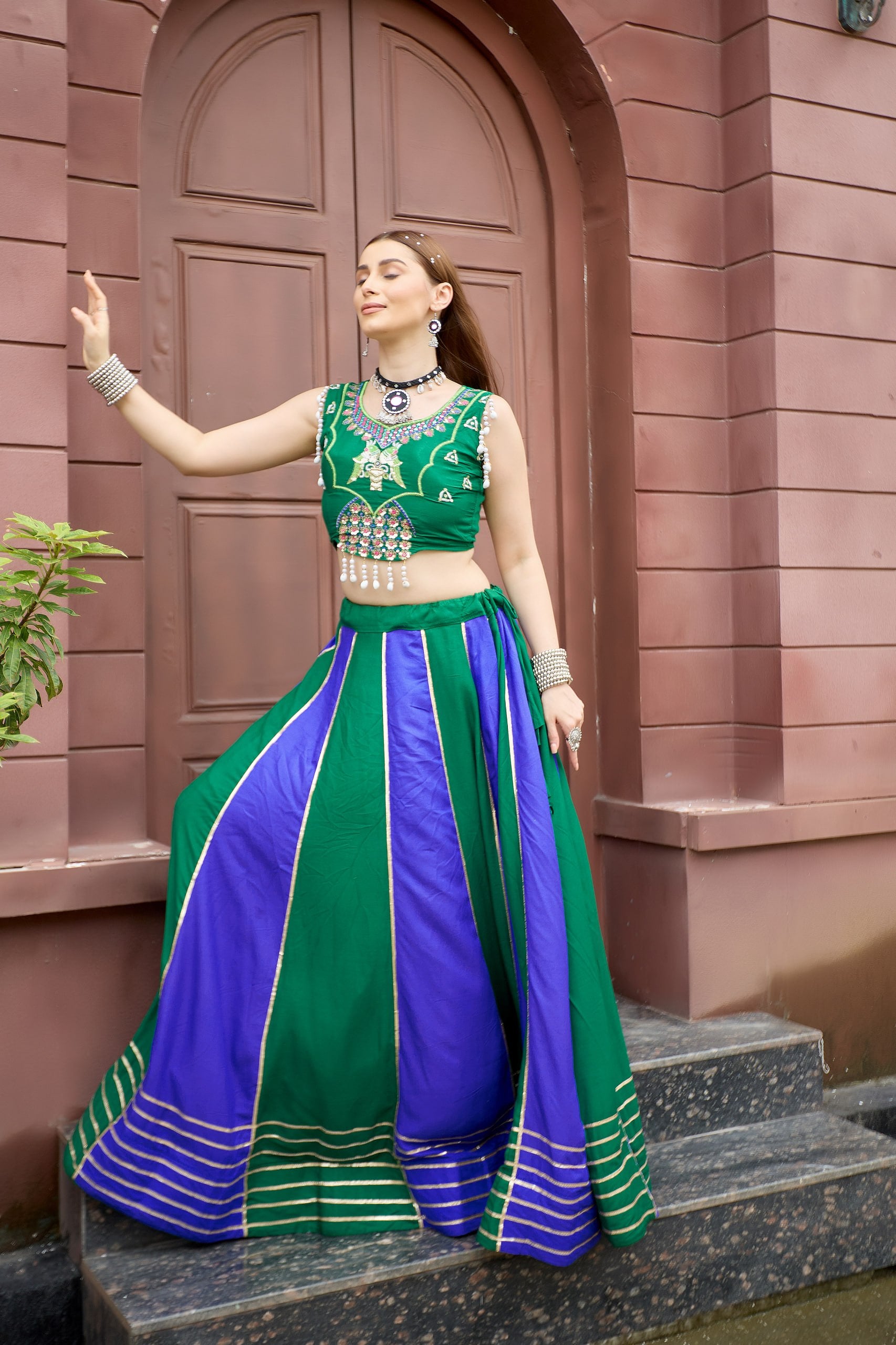 Emerald Green & Royal Blue Pure Cotton Navratri Lehenga Choli Set with Sequence Embroidery