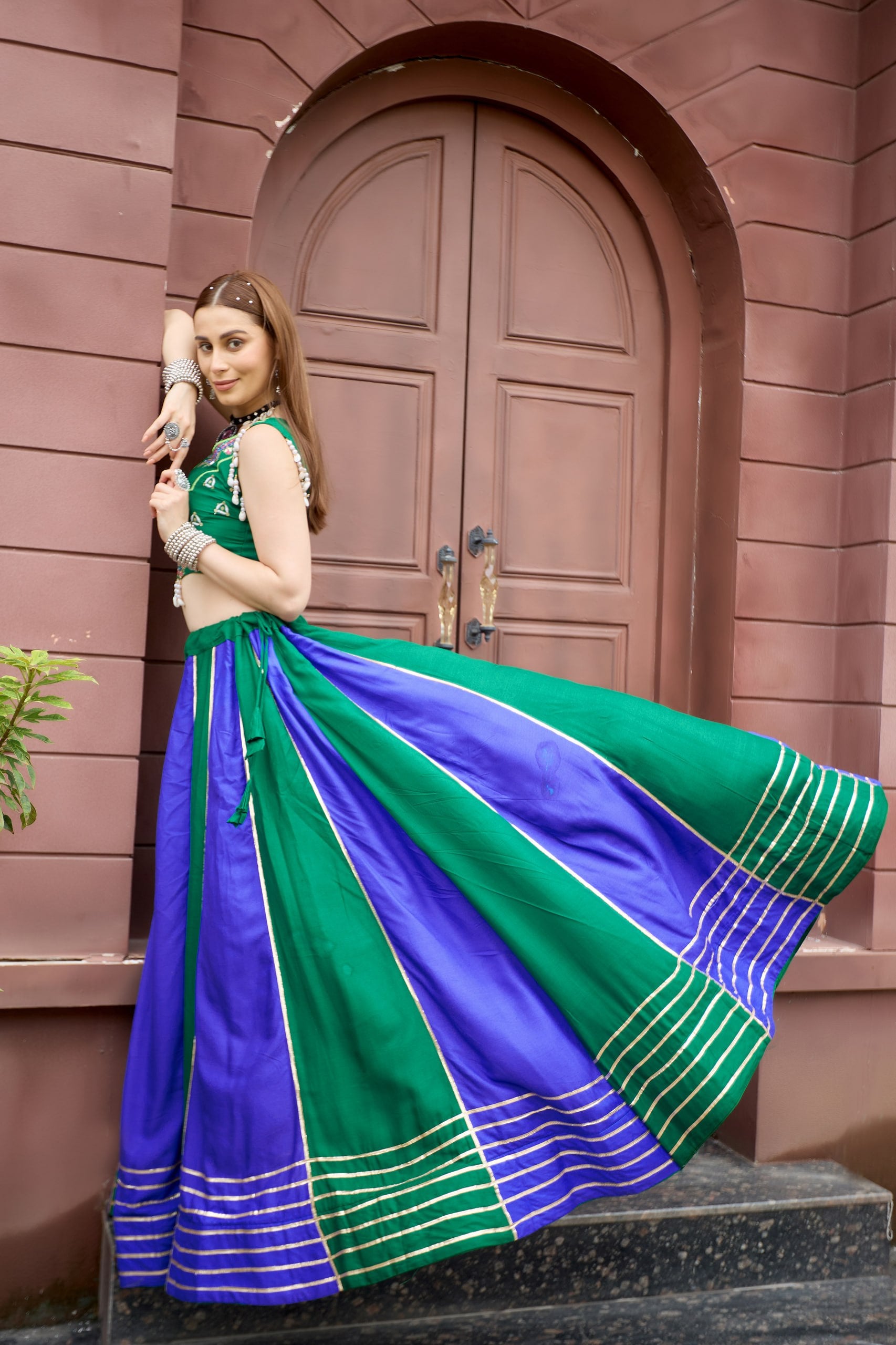 Emerald Green & Royal Blue Pure Cotton Navratri Lehenga Choli Set with Sequence Embroidery