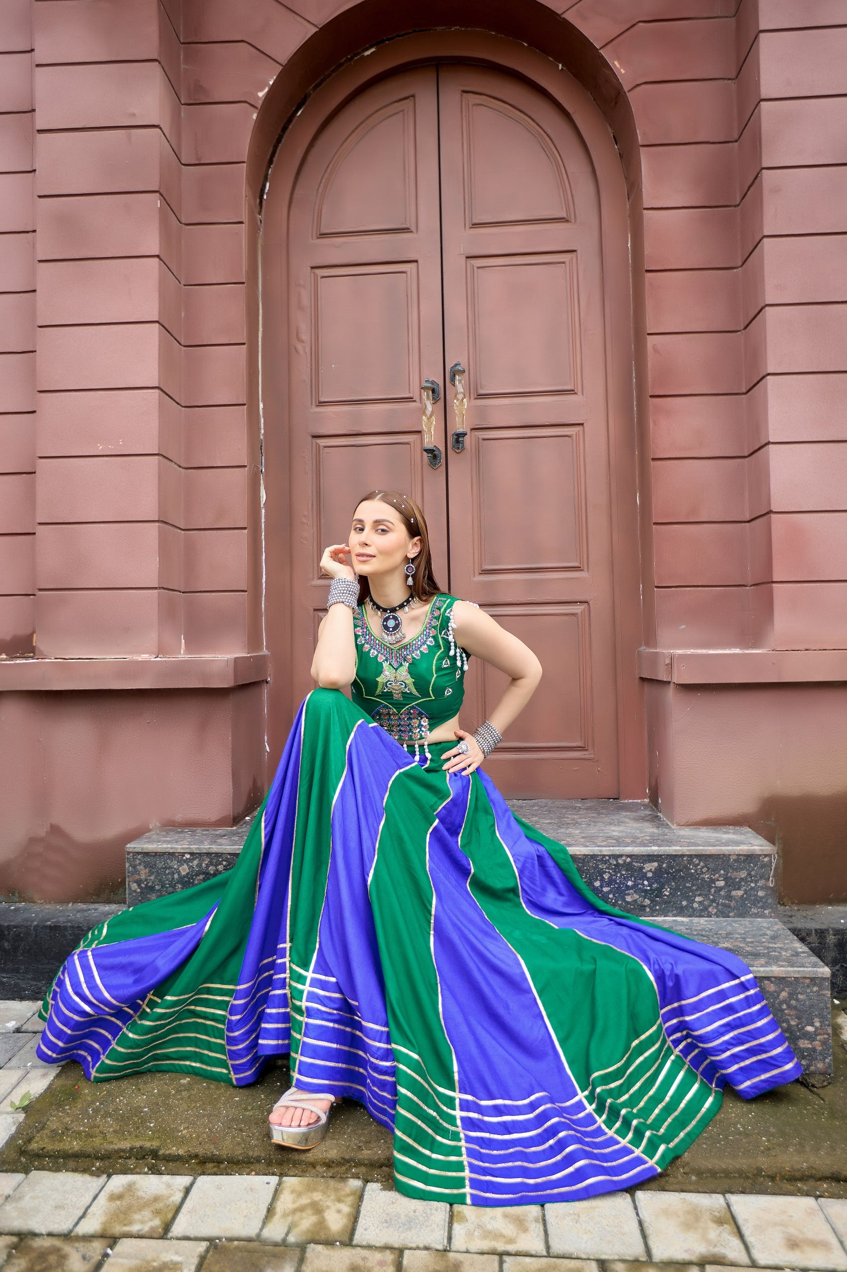 Emerald Green & Royal Blue Pure Cotton Navratri Lehenga Choli Set with Sequence Embroidery