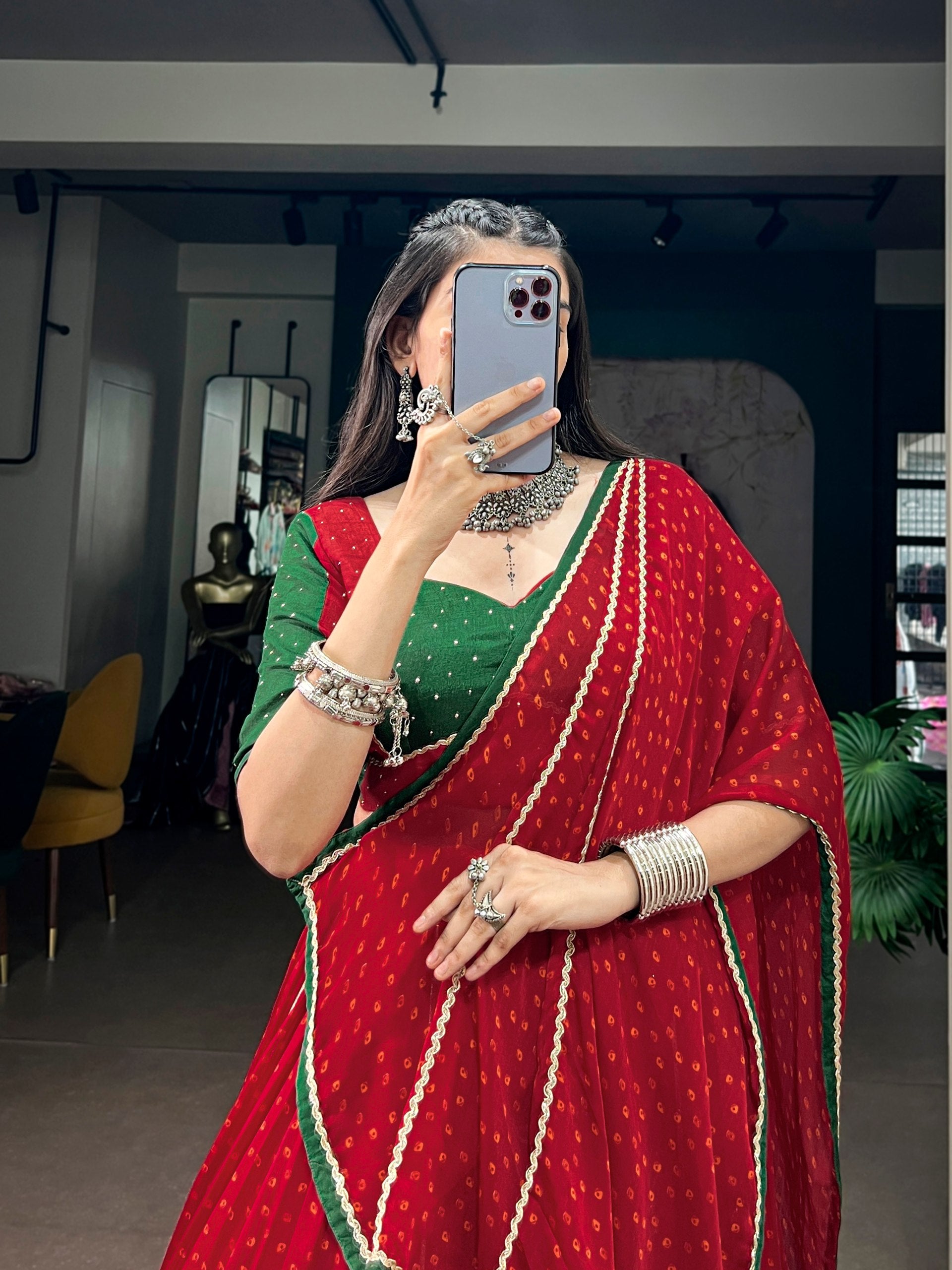 Ruby Red Bandhej Print Navratri Lehenga Choli with Emerald Green Dola Silk Blouse | 7.5 Meter Flair