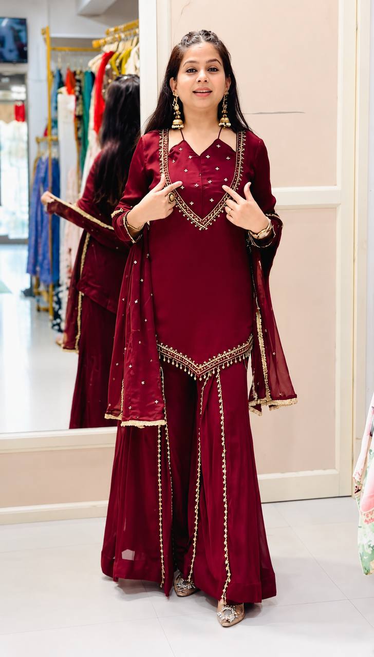 Wine Roman Glass Mirror Work Palazzo Suit with Chanderi Dupatta