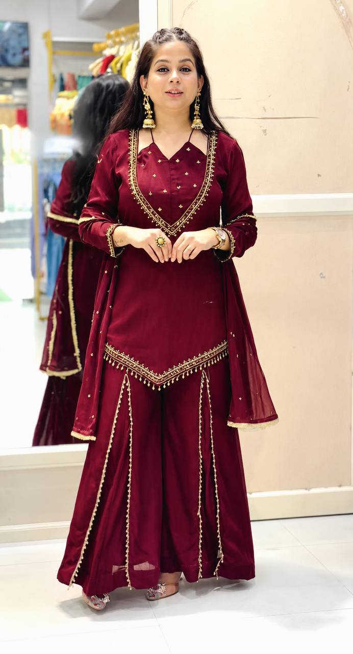 Wine Roman Glass Mirror Work Palazzo Suit with Chanderi Dupatta
