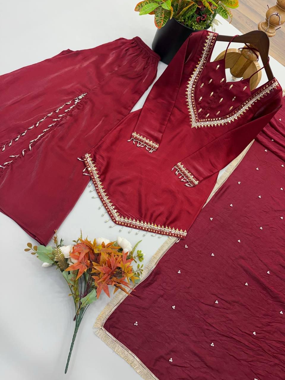 Wine Maroon Roman Glass Mirror Work Palazzo Suit with Chanderi Dupatta