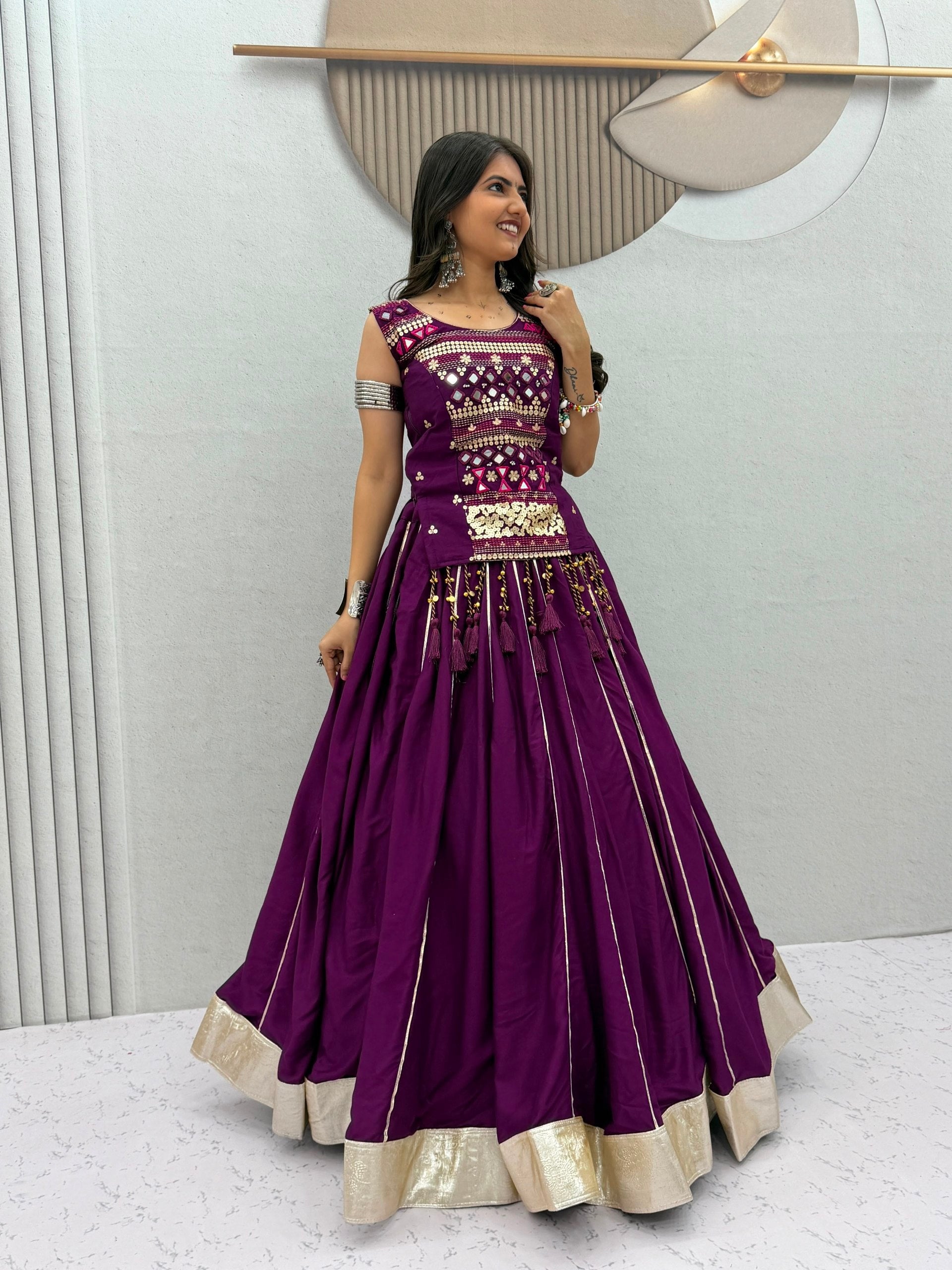 Royal Purple Navratri Mirror Work Pure Cotton Lehenga Choli for Women
