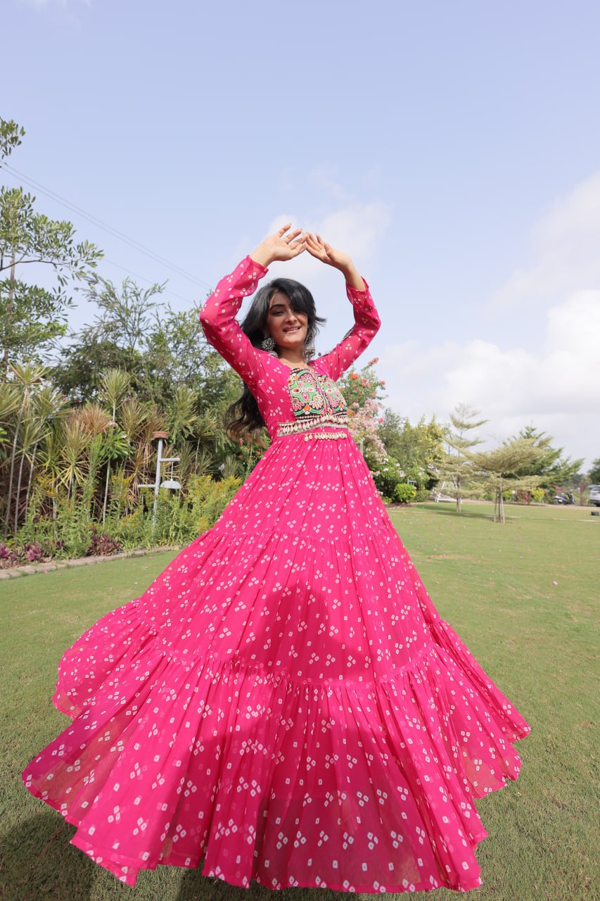 Hot Pink Bandhani Faux Georgette Navratri Gown with Kutchi Patchwork | 12 Meter Flair