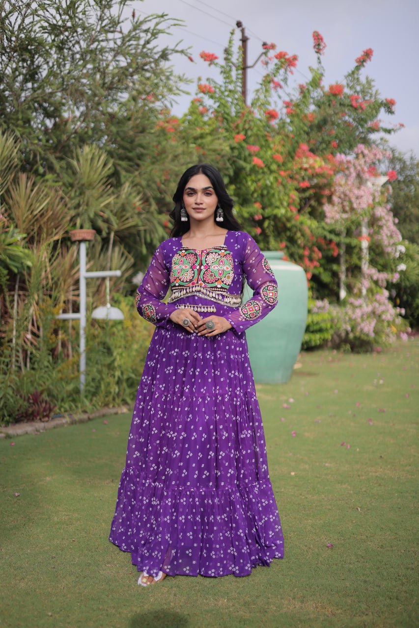 Royal Purple Bandhani Faux Georgette Navratri Gown with Kutchi Patchwork | 12 Meter Flair