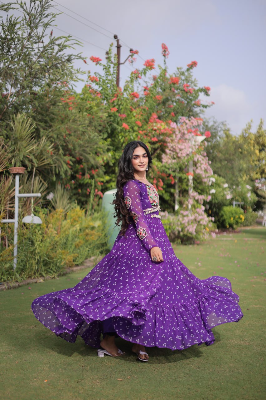 Royal Purple Bandhani Faux Georgette Navratri Gown with Kutchi Patchwork | 12 Meter Flair