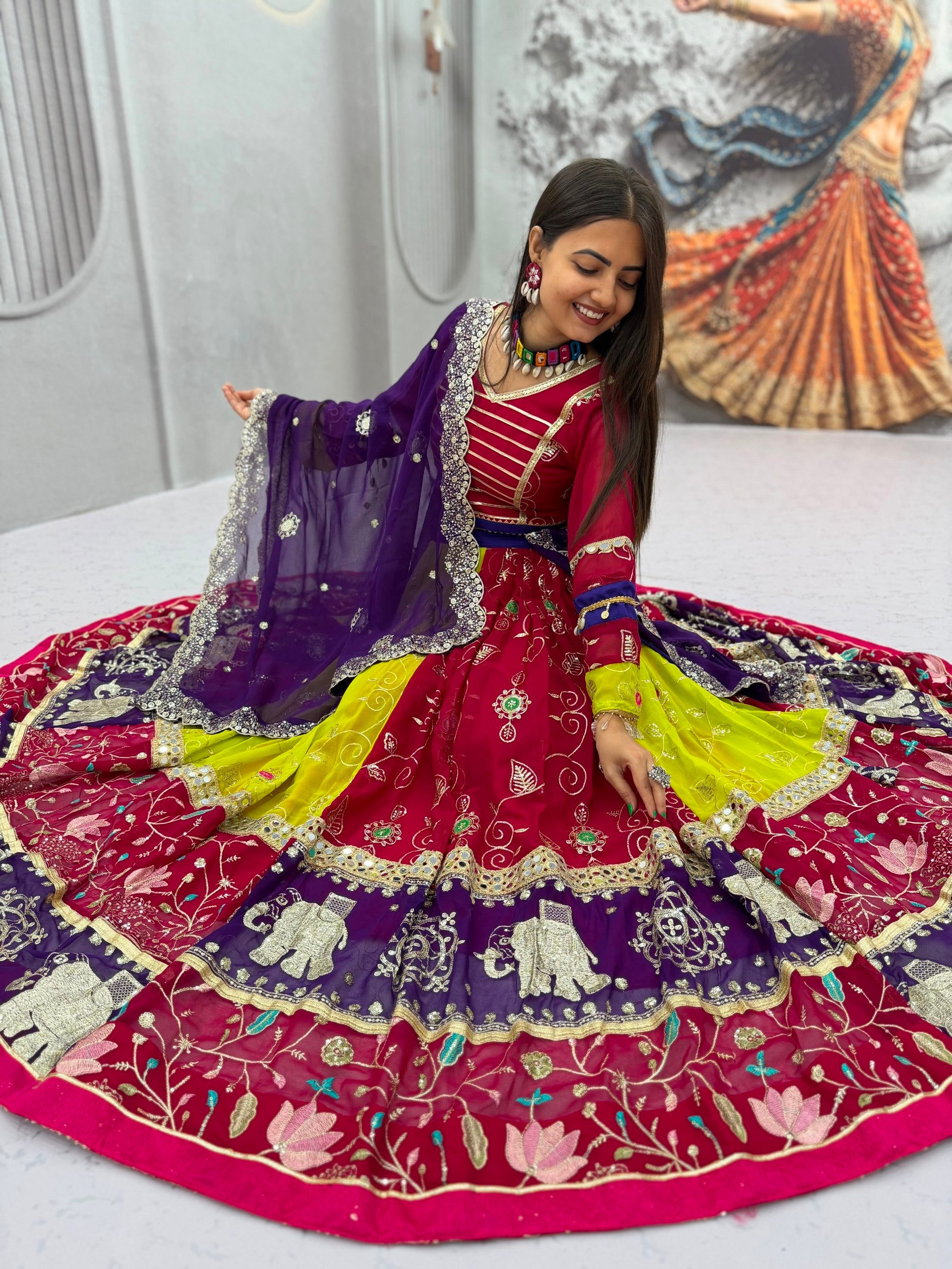 Vintage Magenta, Lime Green & Royal Purple Navratri Chaniya Choli with Mirror Work Dupatta