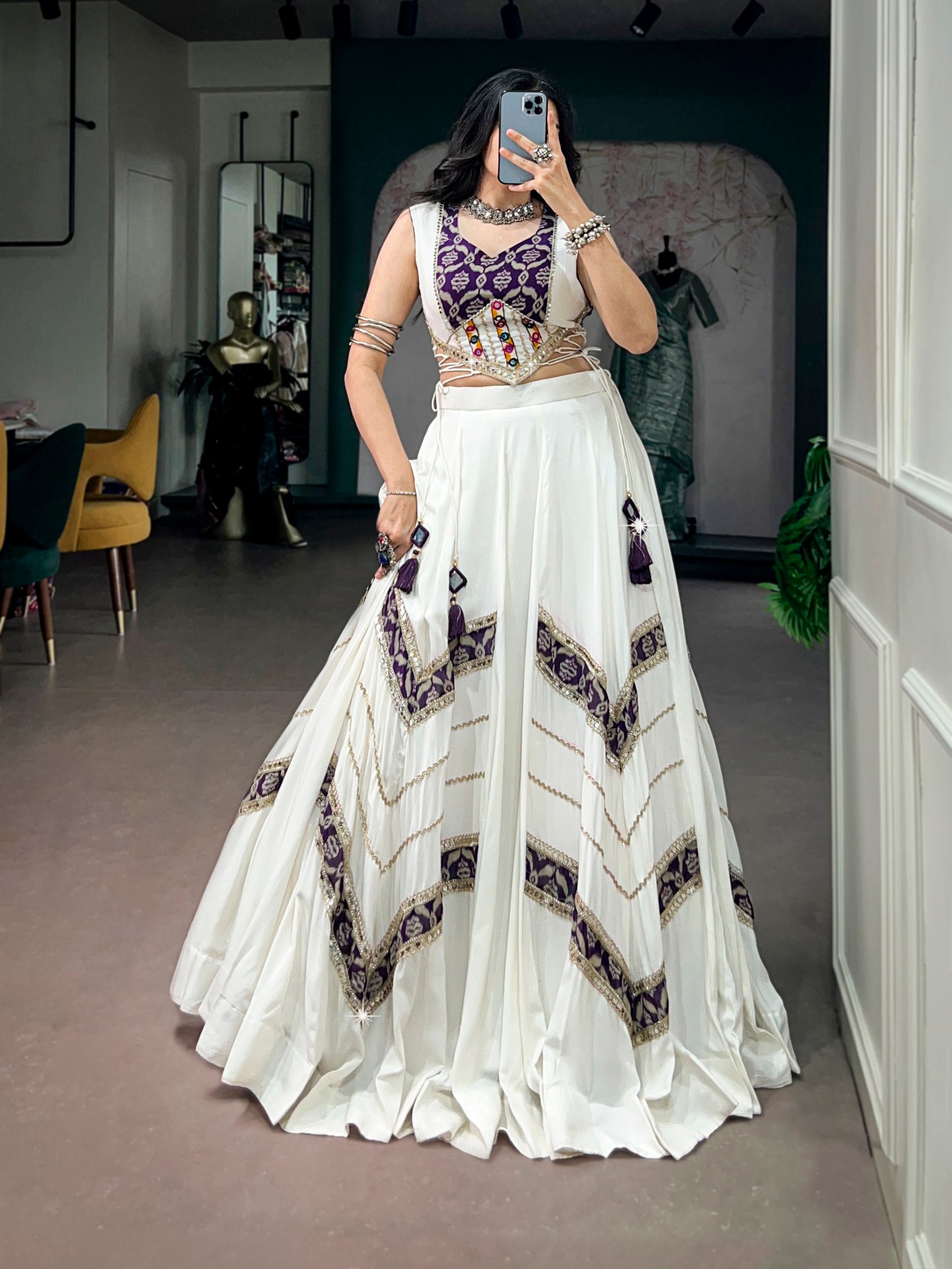 White Pure Rayon Navratri Lehenga Choli with Purple Gamthi Mirror Blouse | 6 Meter Flair