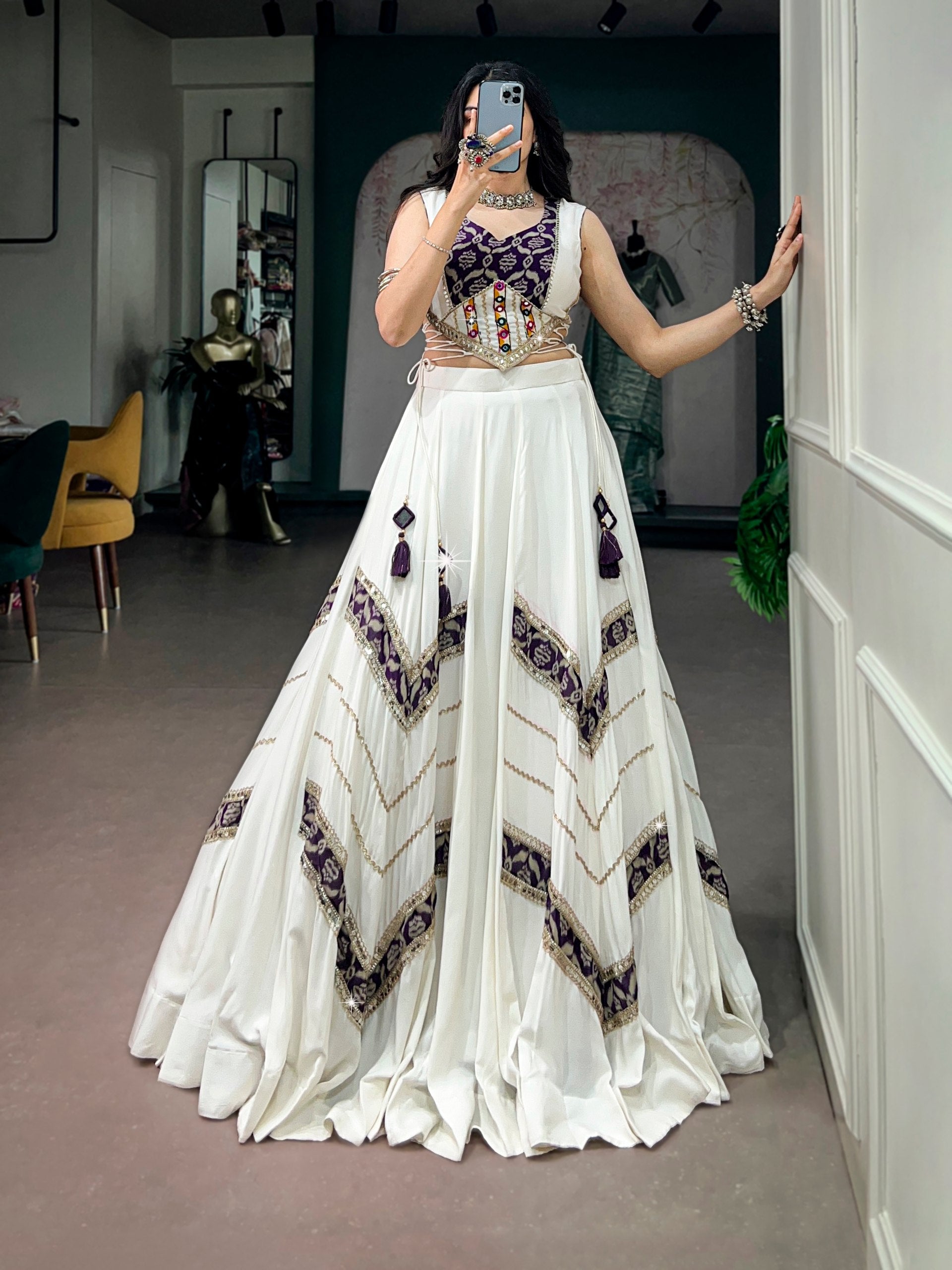 White Pure Rayon Navratri Lehenga Choli with Purple Gamthi Mirror Blouse | 6 Meter Flair