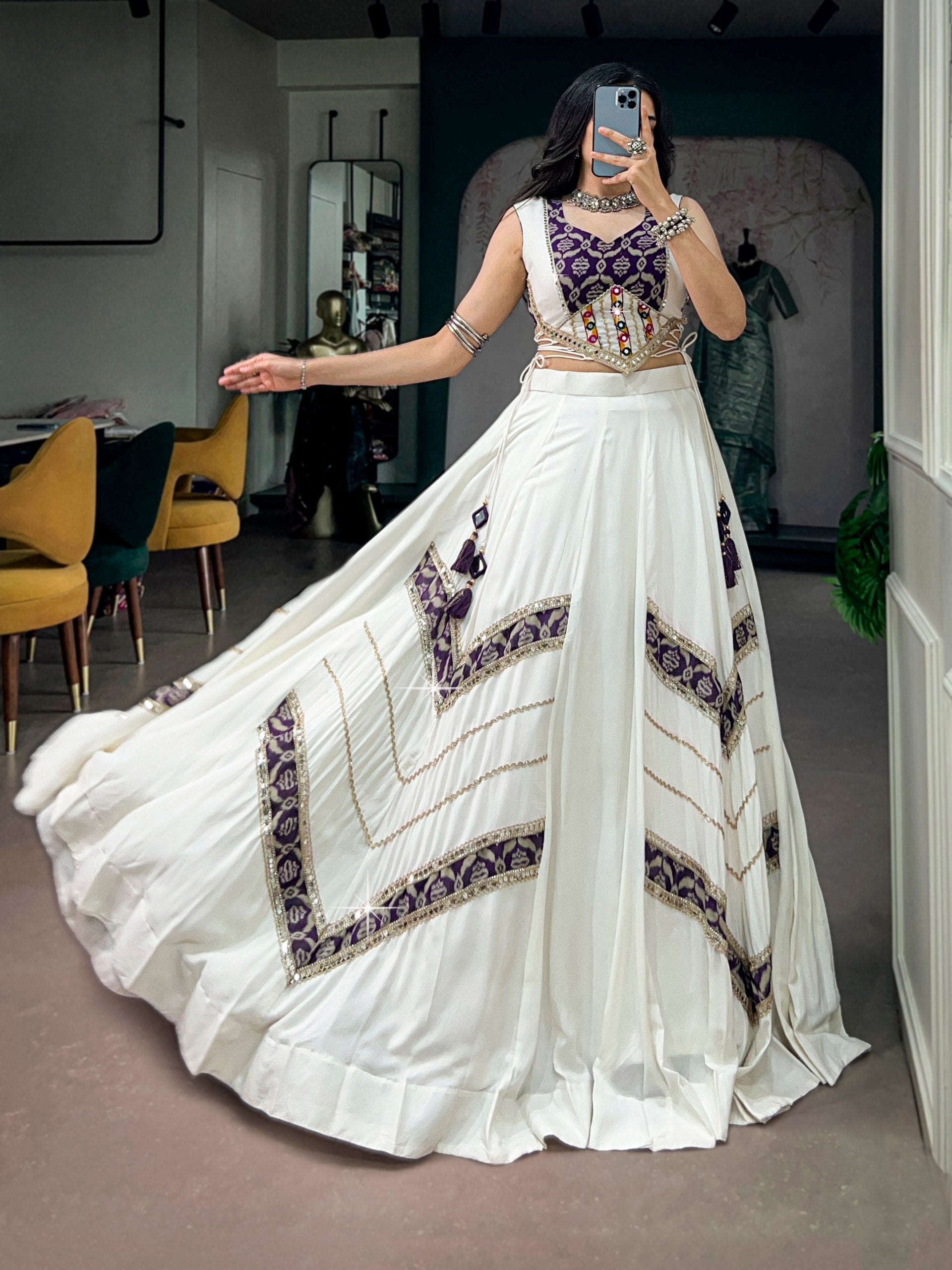 White Pure Rayon Navratri Lehenga Choli with Purple Gamthi Mirror Blouse | 6 Meter Flair