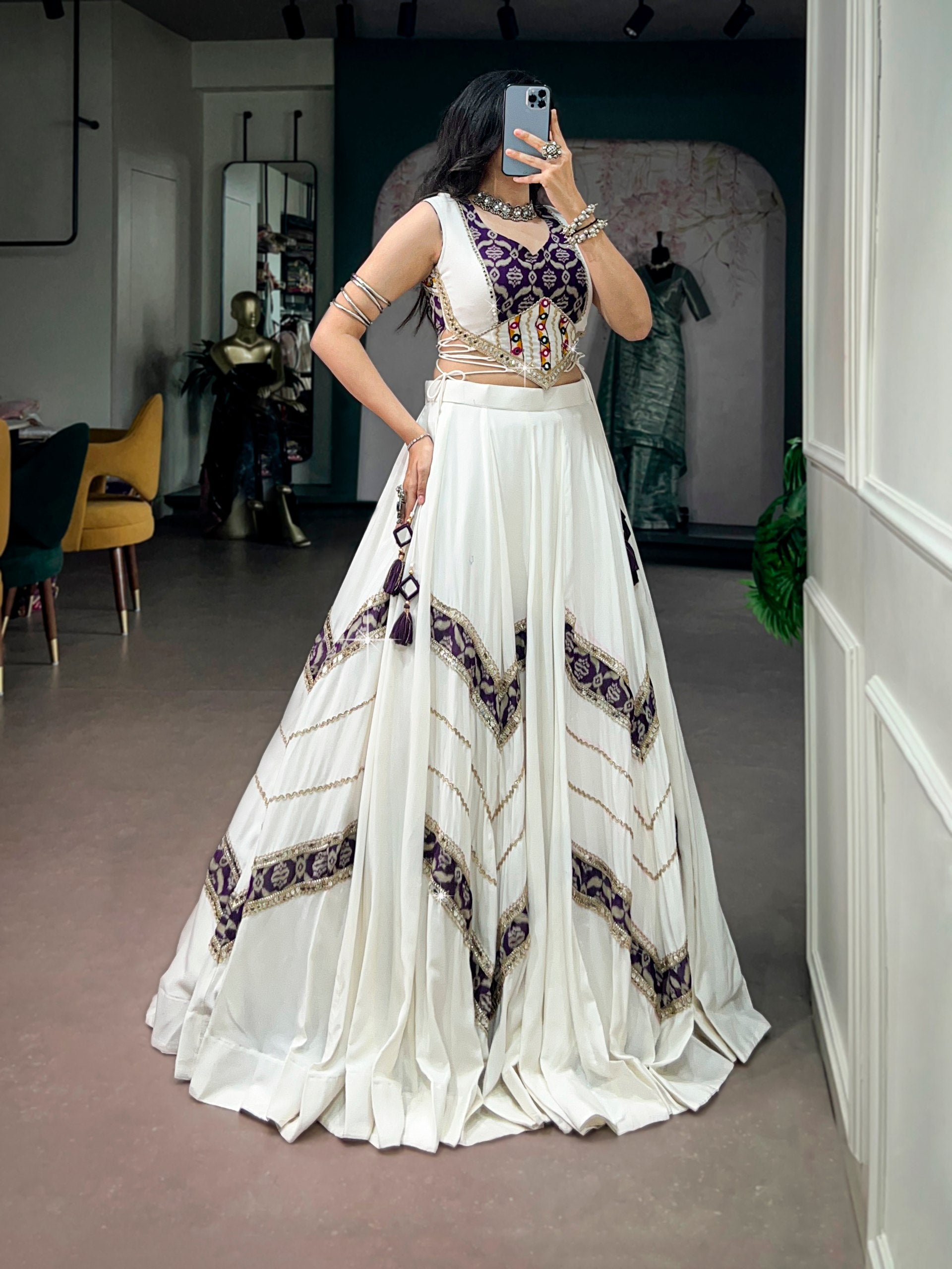 White Pure Rayon Navratri Lehenga Choli with Purple Gamthi Mirror Blouse | 6 Meter Flair